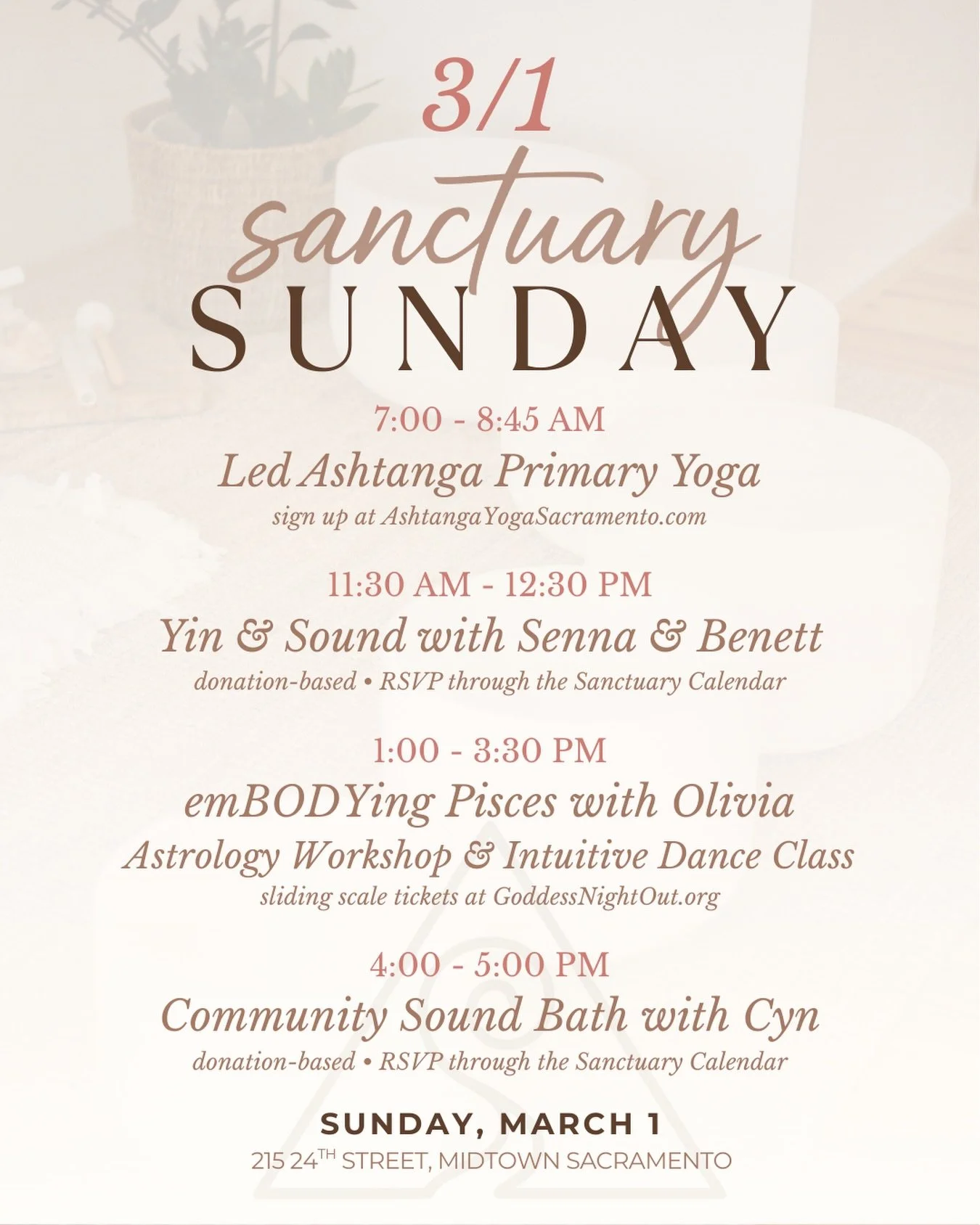 We have a lovely lineup this Sunday! ✨ 

7 AM ✨ Join @ashtangayogasacramento for their weekly Led Ashtanga Primary Class

11:30 AM ✨ @sennas_once_in_a_lifetime &amp; @bthedesertfox are collaborating for a donation-based Yin &amp; Sound experience fea