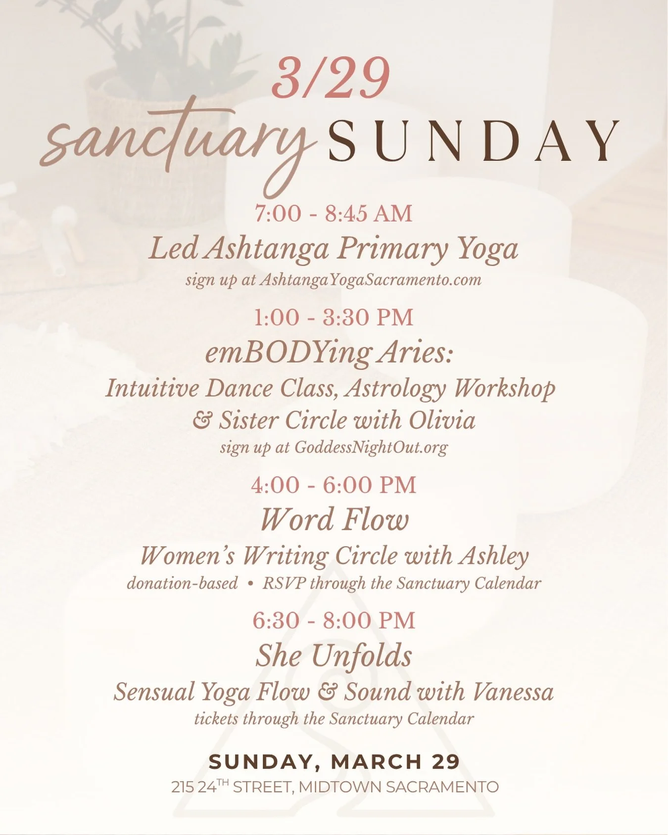 We have another beautiful Sanctuary Sunday lineup this weekend! 🌀

7 AM ✨ Start your Sunday with @ashtangayogasacramento 

1 PM ✨ Gather in circle and embody Aries Energy with @oliviadegennaro &amp; @goddessnightout 

4 PM ✨ Join the first donation-