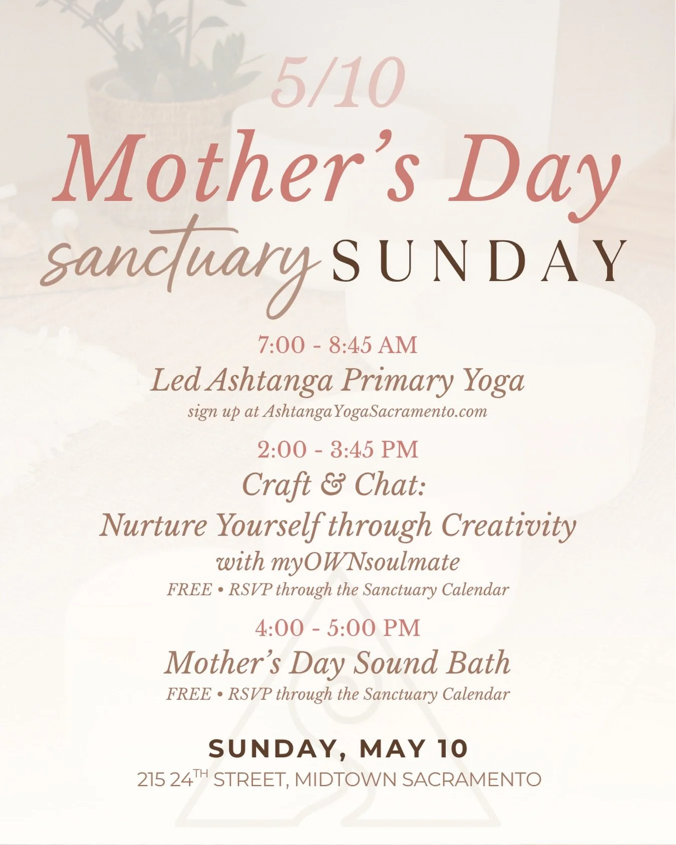 If you&rsquo;re still nailing down Mother&rsquo;s Day plans, we&rsquo;d love for you to start or end your Sunday with us at @sanctuary.sacramento 🫶🏽

7 AM ✨ Start your Sunday with @ashtangayogasacramento Led Primary class

2 PM ✨ @my_own_soulmate i