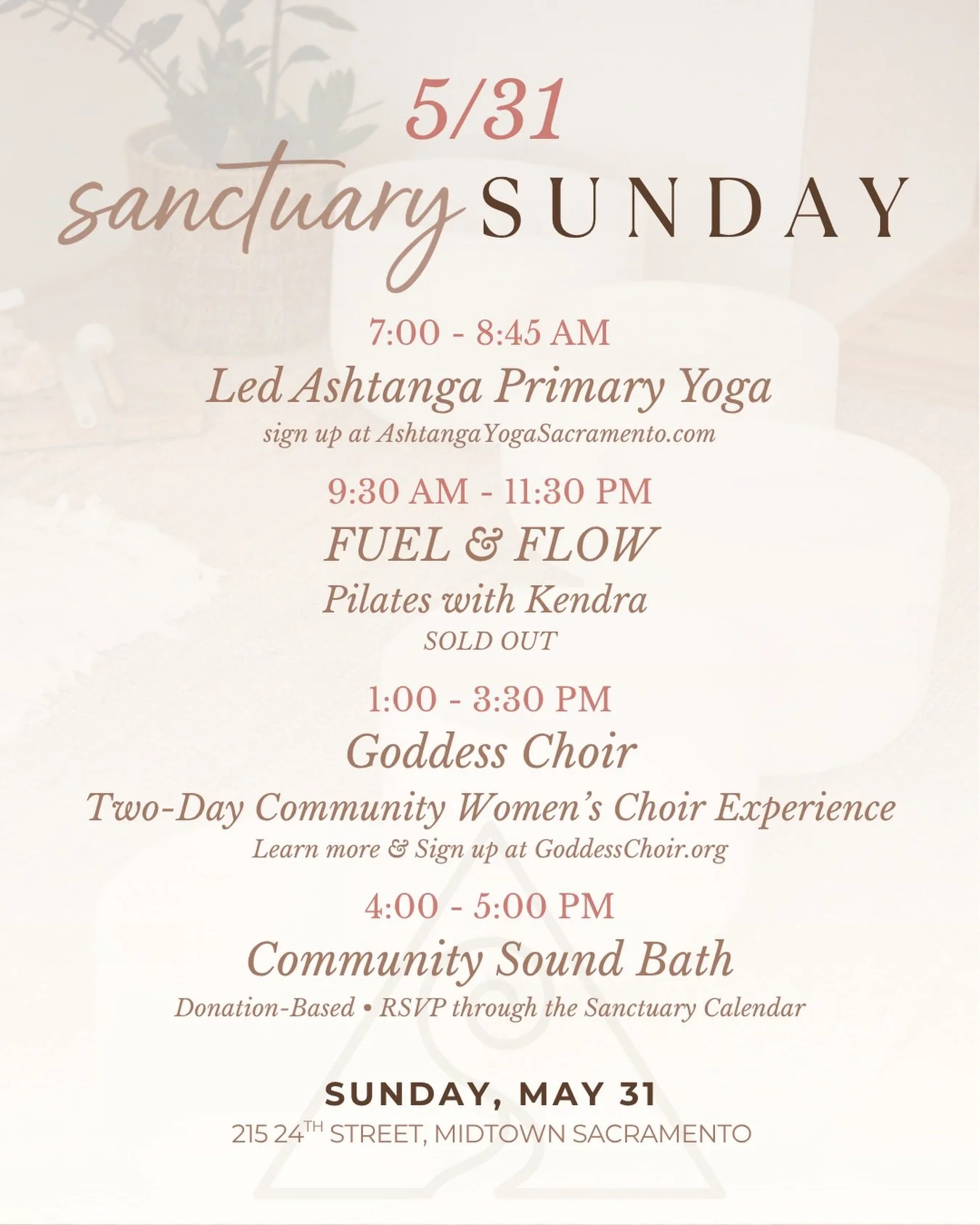 We have another beautiful Sanctuary Sunday this weekend ✨

7 AM ✨ Start your Sunday with @ashtangayogasacramento Led Ashtanga Primary Class

9:30 AM ✨ @empoweredbykendra SOLD OUT her Fuel &amp; Flow collab with @theproteinplace916 🙌🏽

1 PM ✨ Join @