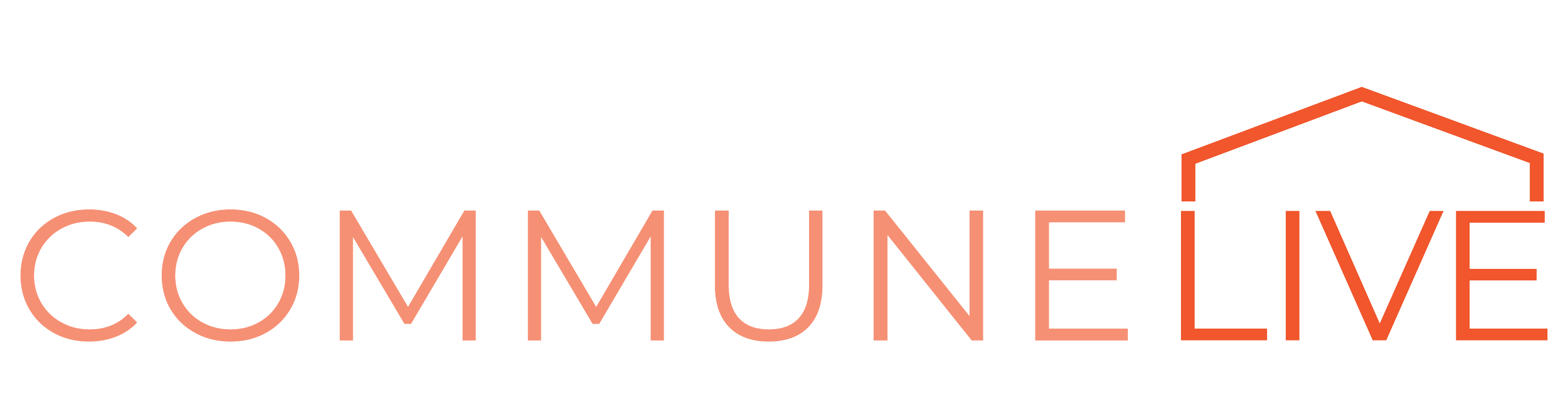 Logo with the word 'COMMUNELIVE' in terracotta and a stylized house roof outline above the letter 'V'.