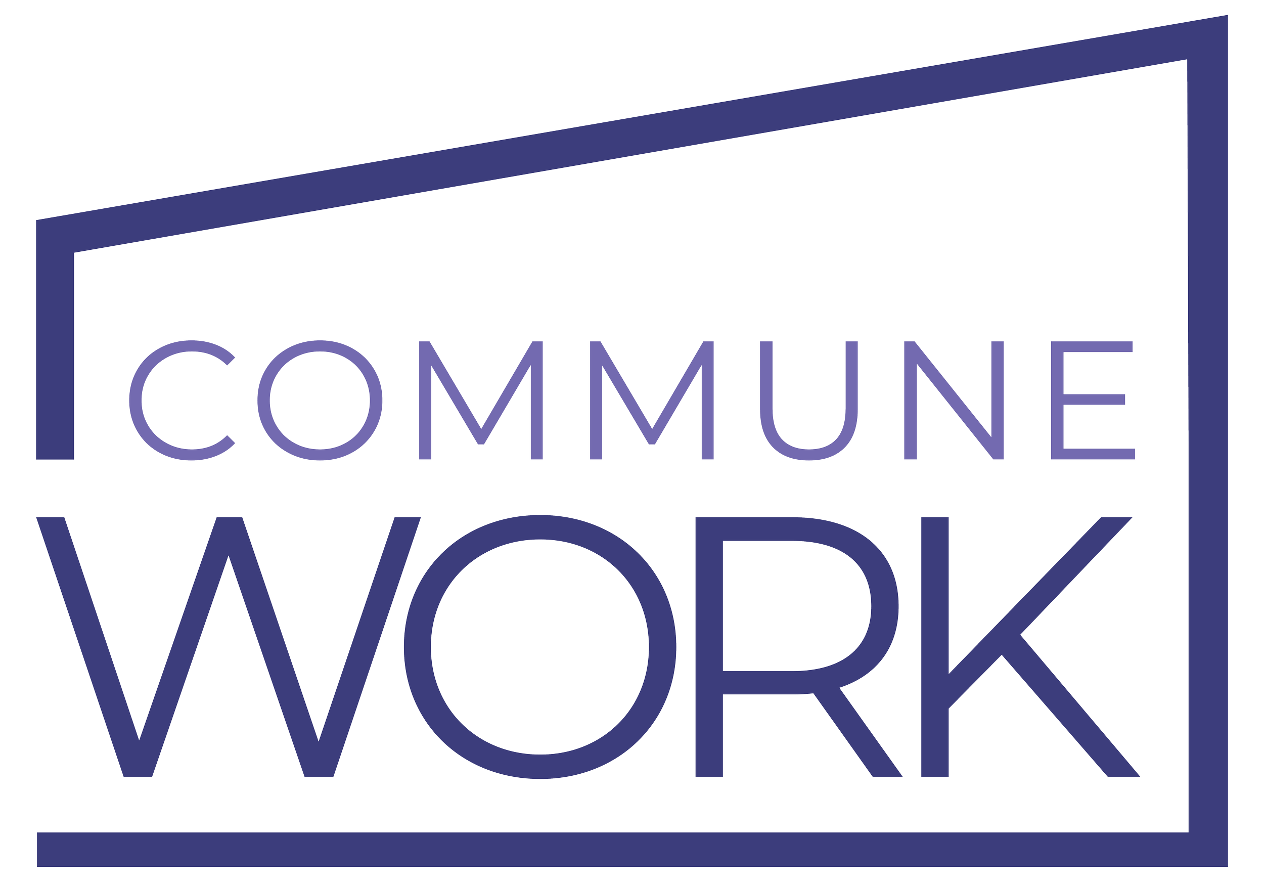 Logo with the word 'COMMUNE' in purple inside a purple rectangular outline, with the letter 'W' beneath and part of the word 'WORK' visible.