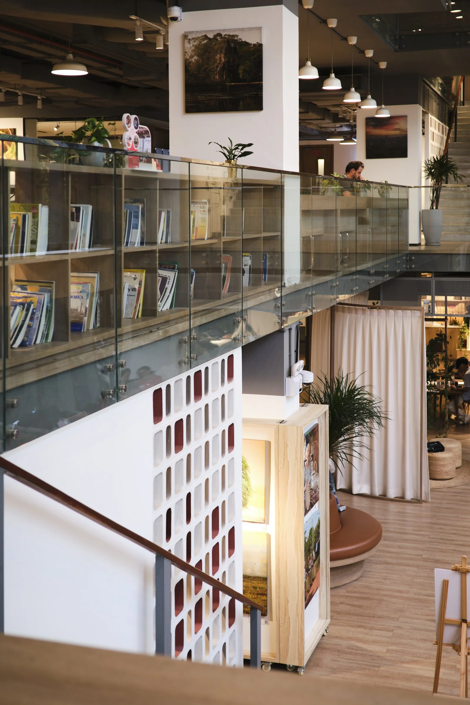 Interior of a modern bookstore or library with wooden shelves, potted plants, framed landscape photographs, and a man sitting at a table, illuminated by ceiling lights.