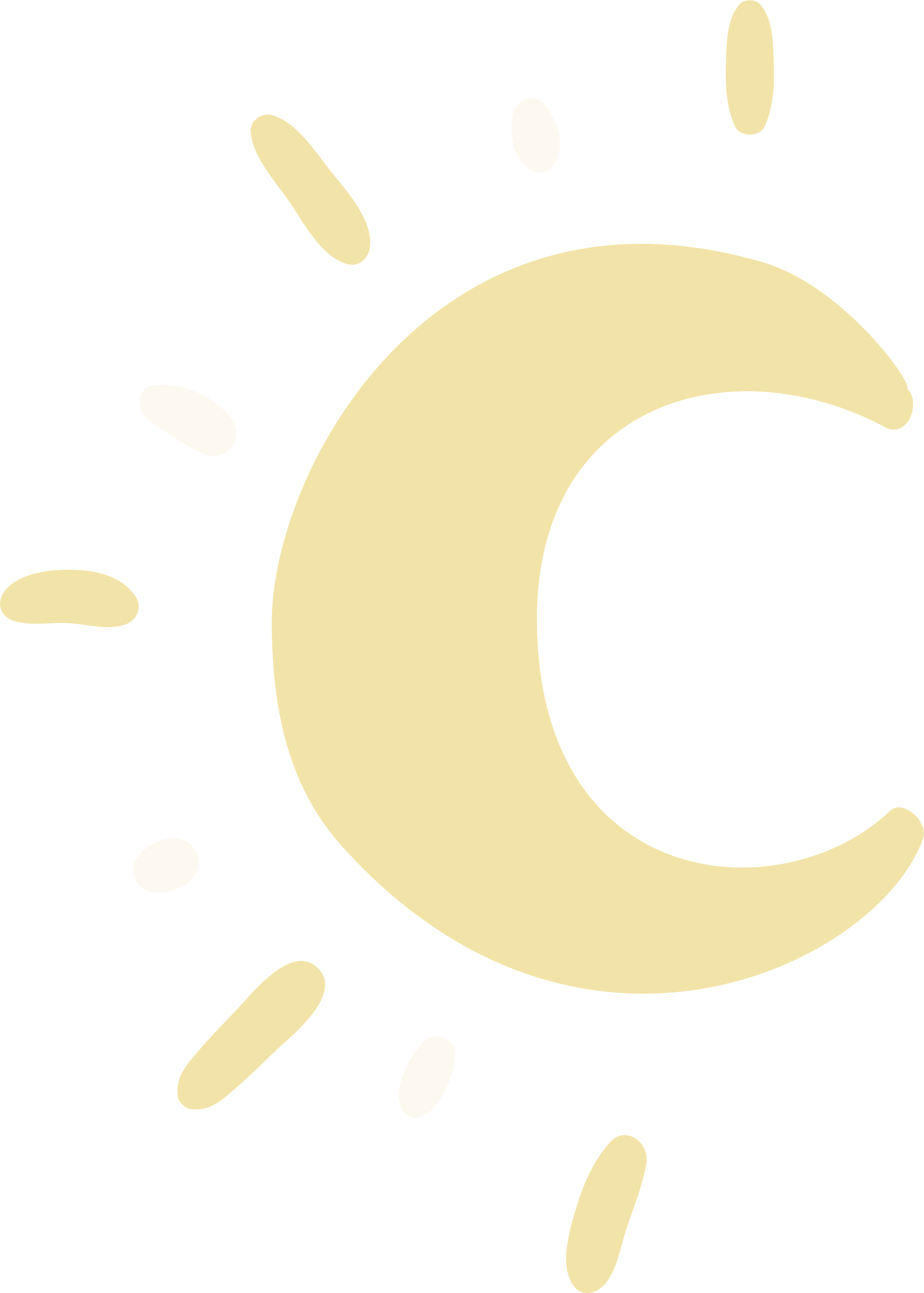 Illustration of a cream-colored crescent moon surrounded by cream and white abstract shapes on a black background.