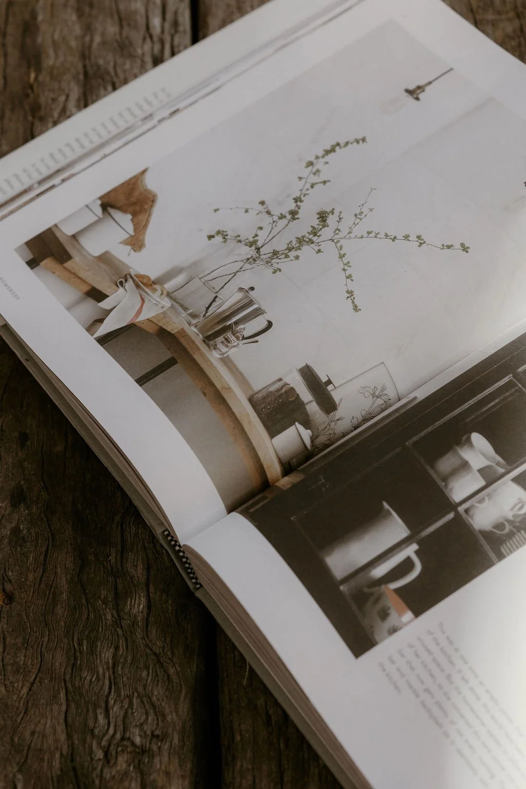 Open magazine showing interior decor with a glass vase holding a branch with green leaves, placed on a wooden table.