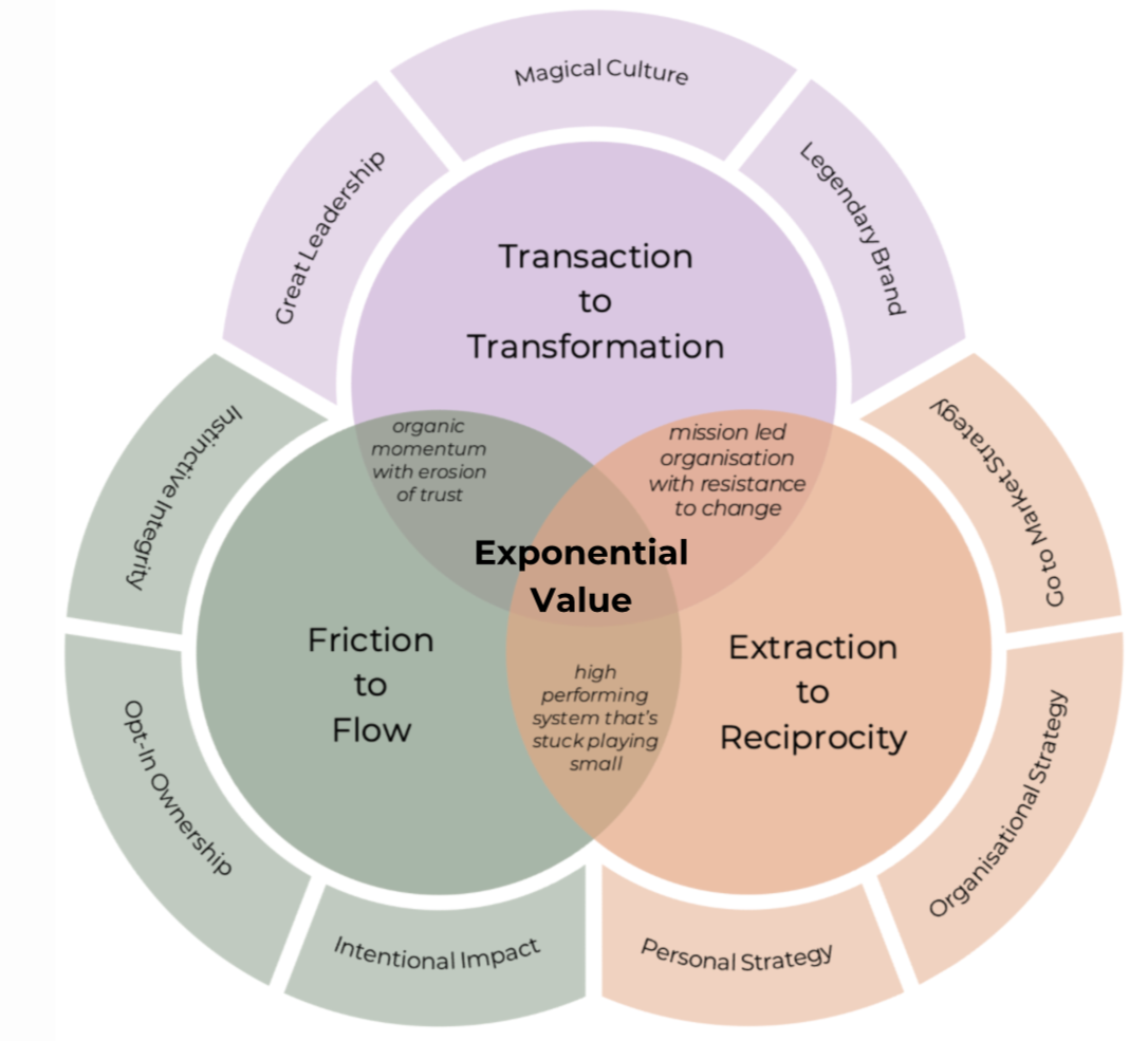 A Venn diagram illustrating the interconnected concepts of exponential value, transaction to transformation, friction to flow, and extraction to reciprocity with related subcategories. The diagram highlights the core ideas of high-performing systems, trust erosion, resistance to change, and strategic planning.