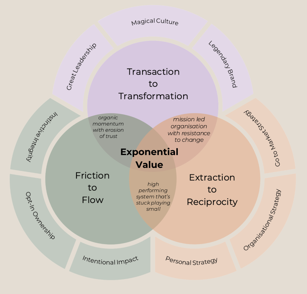A diagram illustrating the concept of exponential value through three interconnected circles: Friction to Flow, Extraction to Reciprocity, and Transaction to Transformation, each with their respective qualities and strategies, centered around the core idea of high-performance systems and resistance to change.