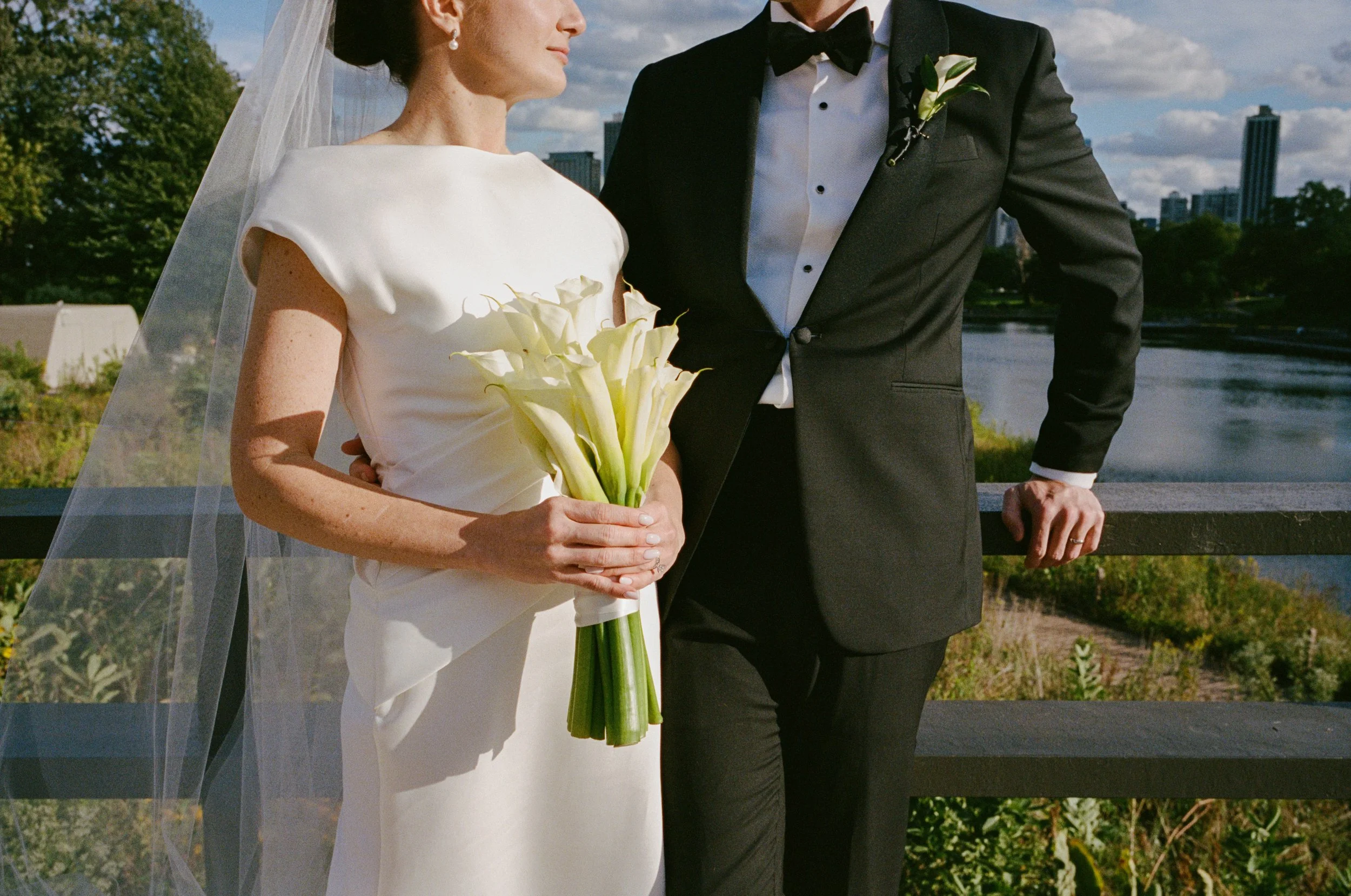 Film portrait of bride and groom at Cafe Brauer in Chicago