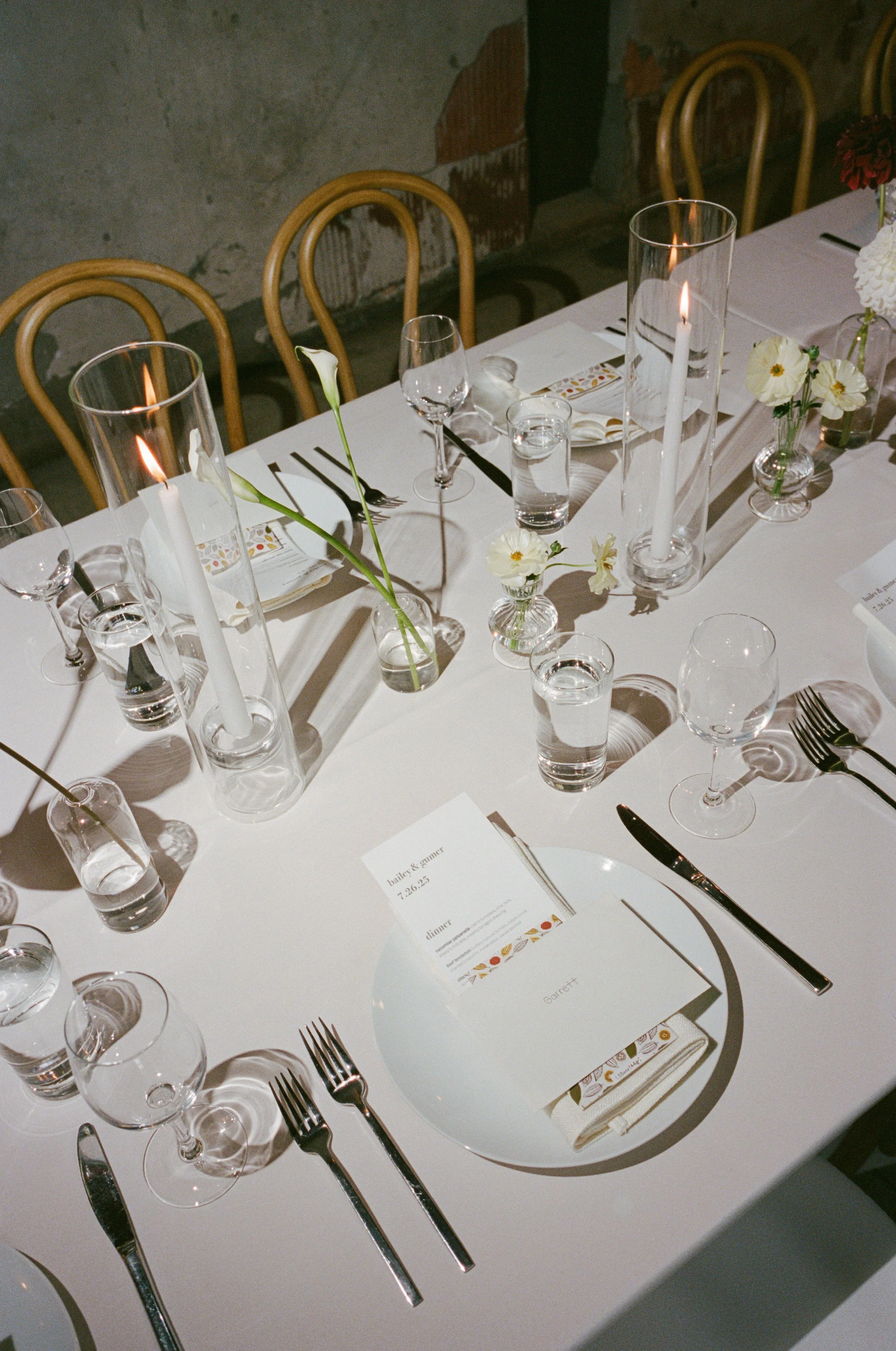 Elegant wedding reception table decor at Charcoal Factory Loft