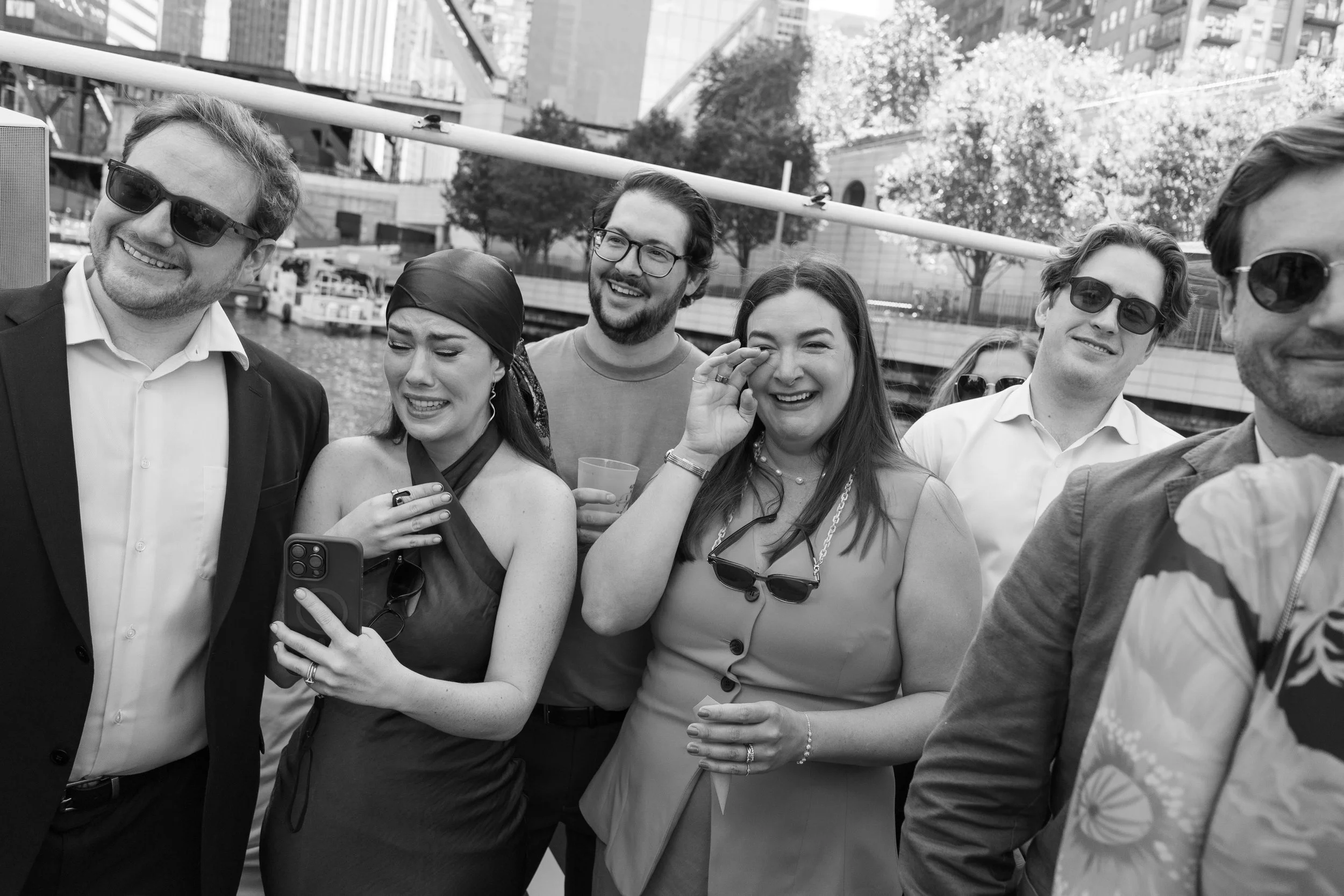 Guests laugh on Chicago Line Cruise wedding
