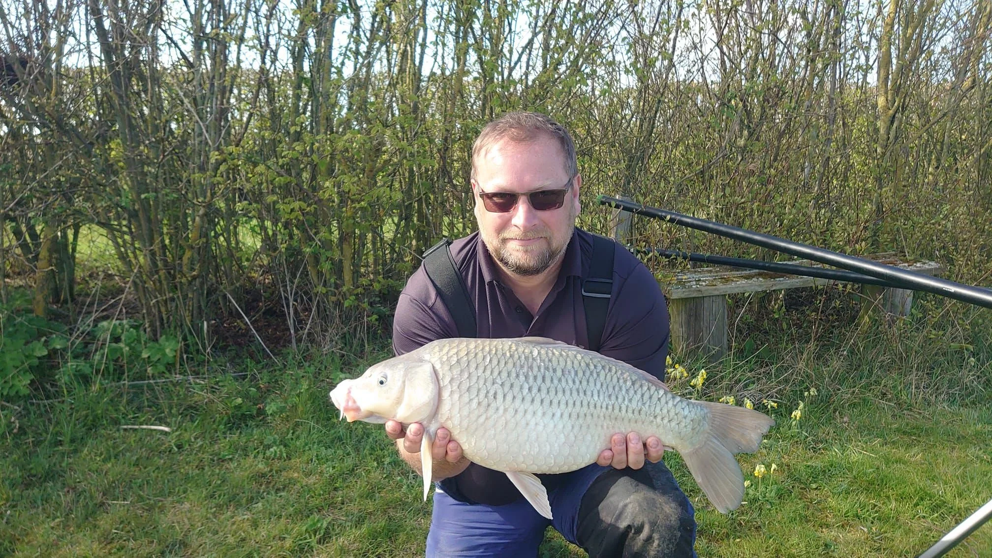A man wearing sunglasses and a dark shirt is kneeling on green grass, holding a large fish with both hands. The background features bushes and a wooden bench, suggesting an outdoor fishing location.