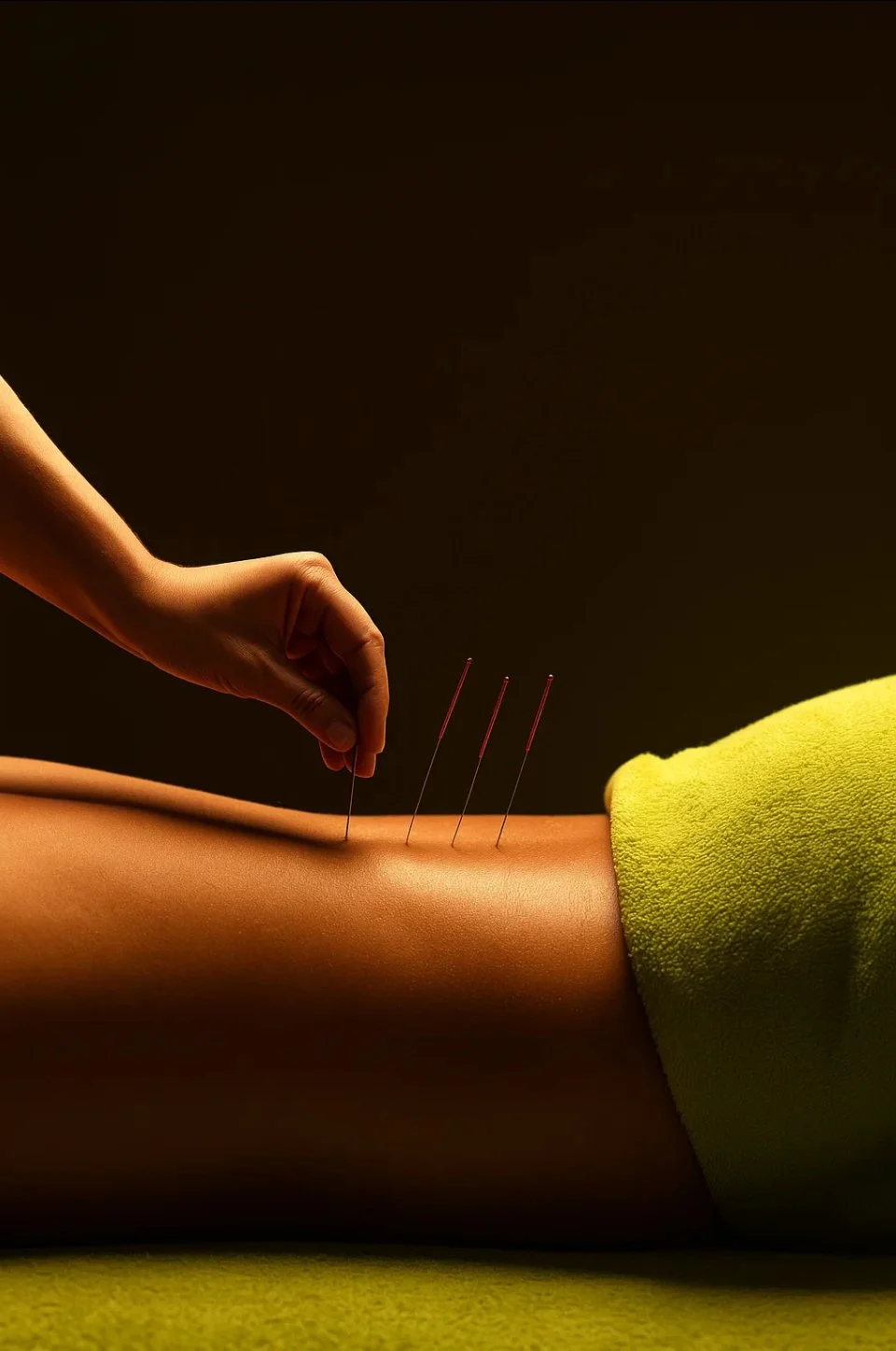 Acupuncture being performed on a person's back with four acupuncture needles.