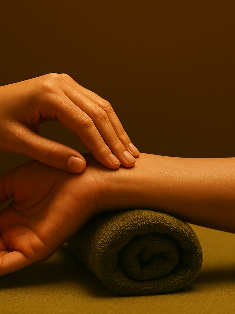 A massage therapist's hands gently kneading a client's forearm during a massage. An olive green towel is rolled under the client's arm on a massage table.