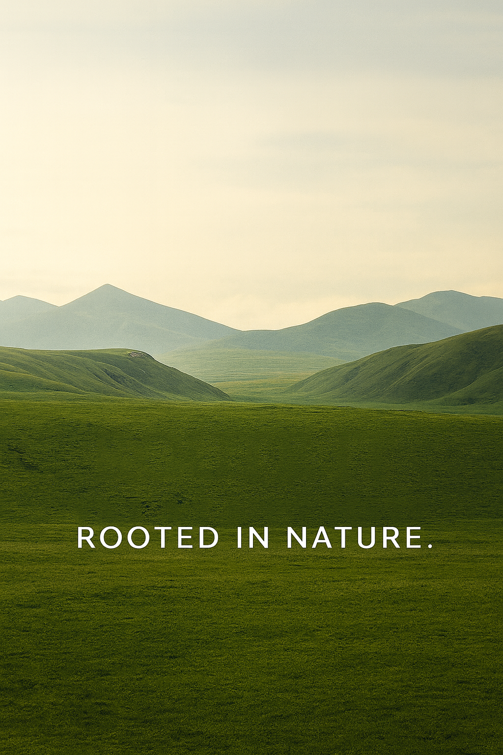 A vast landscape of rolling green hills and distant mountains under a cloudy sky, with the words "Rooted in Nature" overlaid.