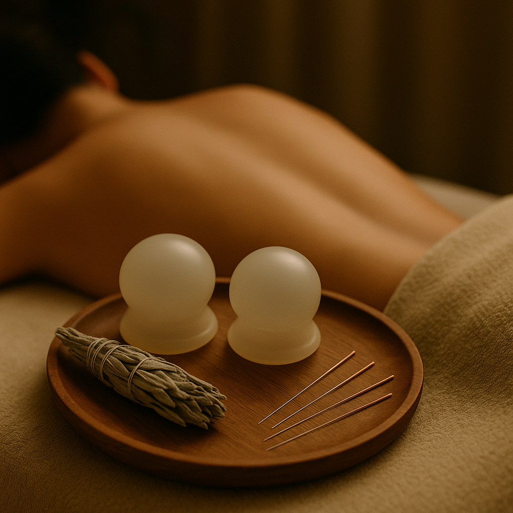 A person receiving a massage with massage tools and incense on a wooden tray