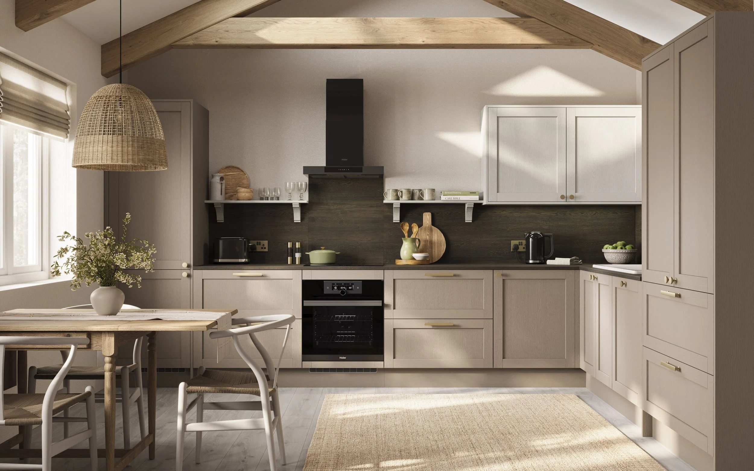 Bright, modern kitchen with beige cabinets, black countertops, and a dark wood backsplash, featuring kitchen appliances, open shelves, a dining table with chairs, a hanging wicker light, and a window with white blinds.