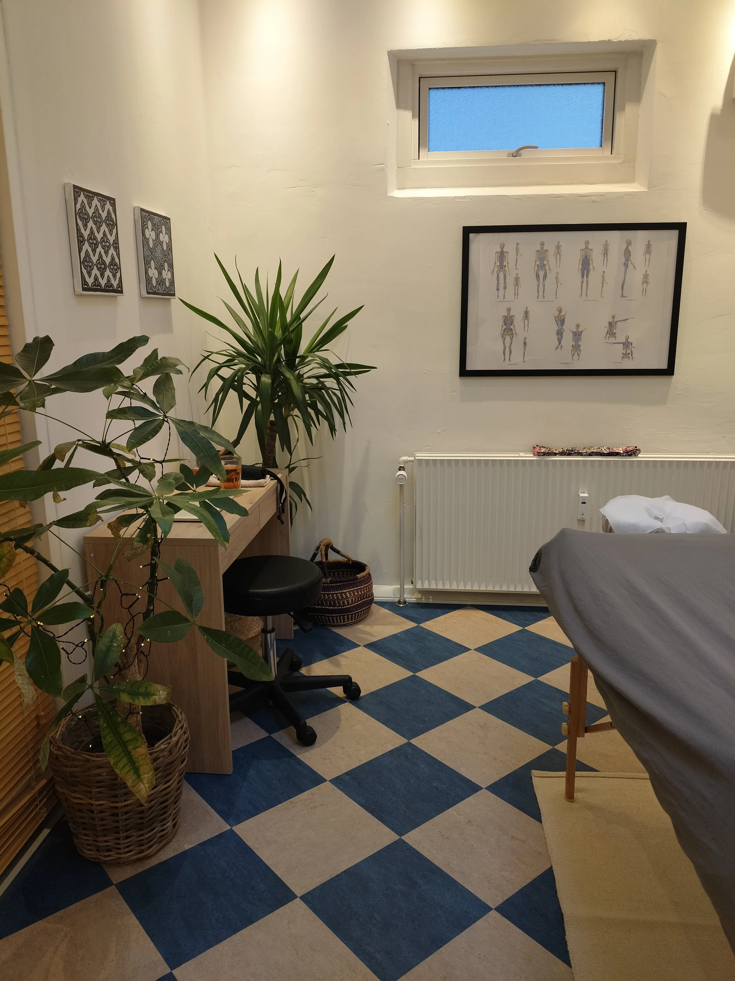 Et behandlerrum med grønne planter, et skrivebord med stol, kunstværker og Tom Myers plakat på væggen.