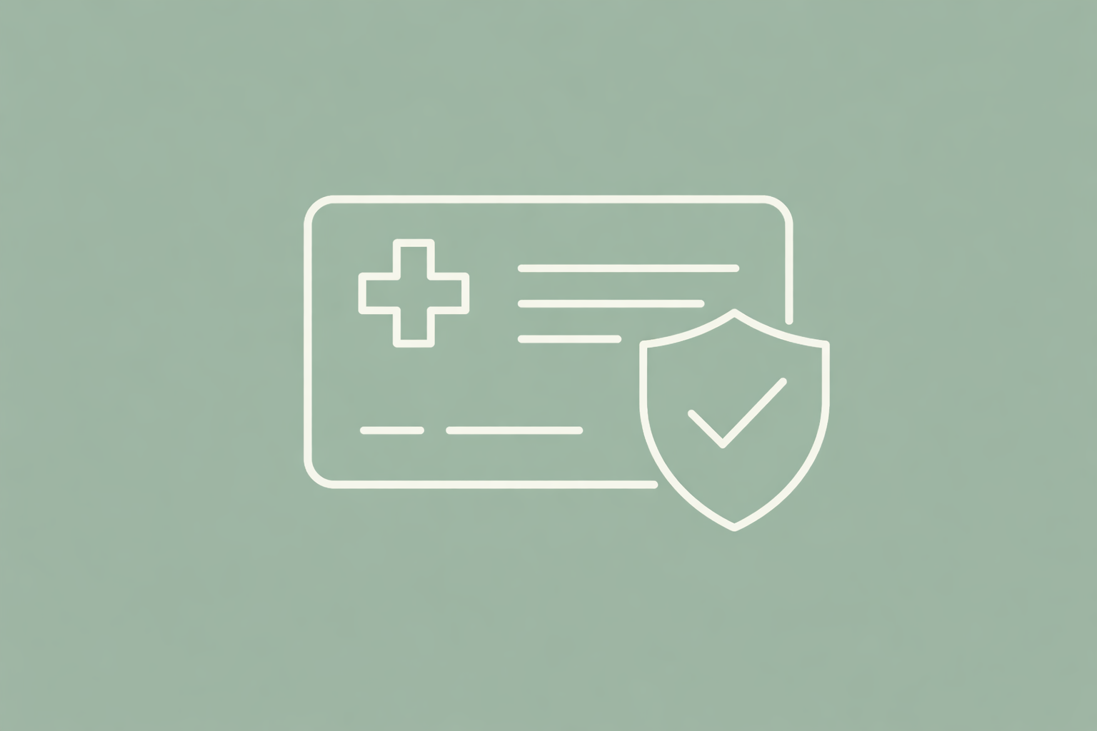 Linienzeichnung eines Gesundheitsschecks oder Versicherungskarte mit Schutzschild und Häkchen.