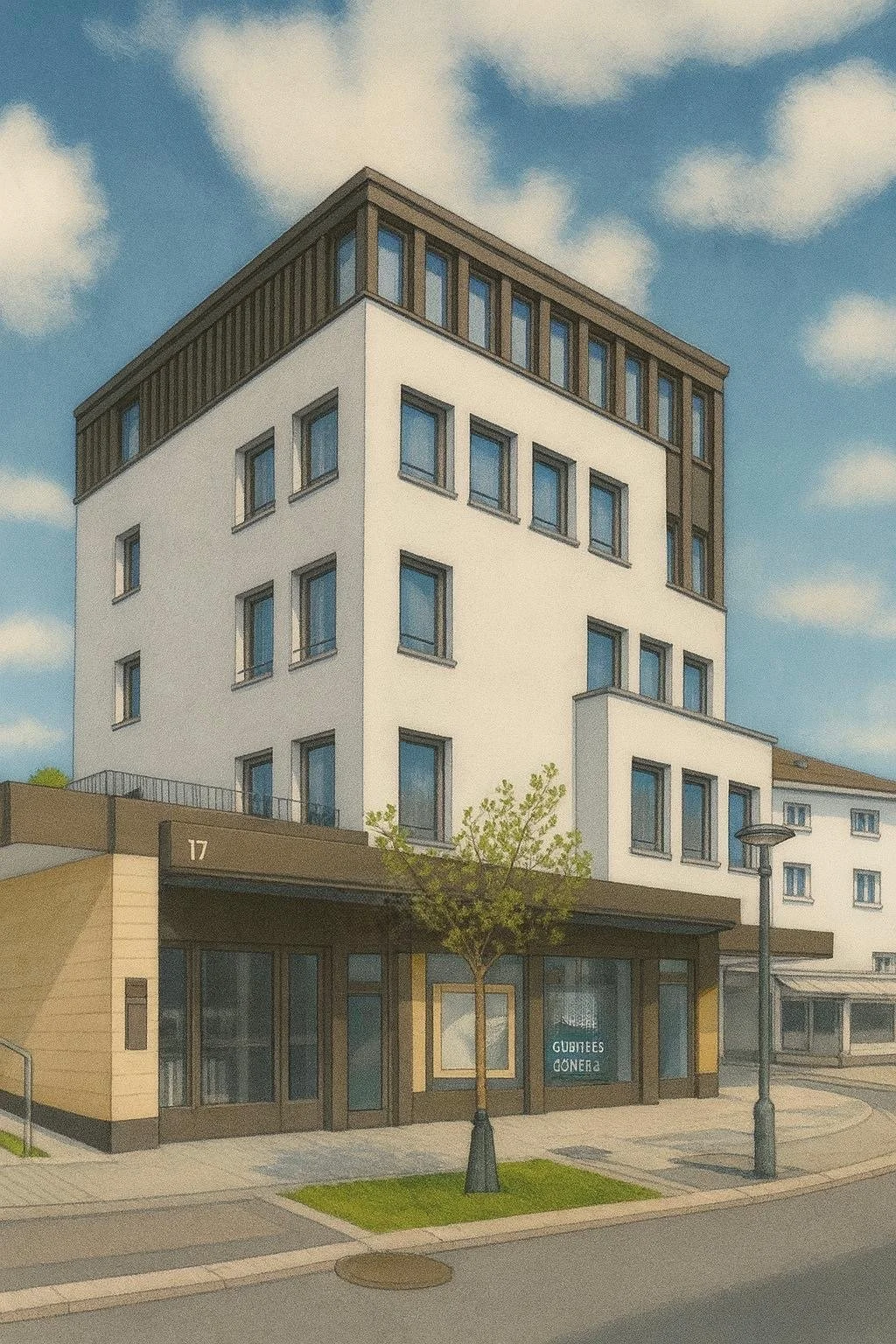 Mehrstöckiges modernes Gebäude mit großen Fenstern, auf der Straße mit Straßenlaterne, Baum und Gehweg, Himmel mit Wolken im Hintergrund, in Thalwil.