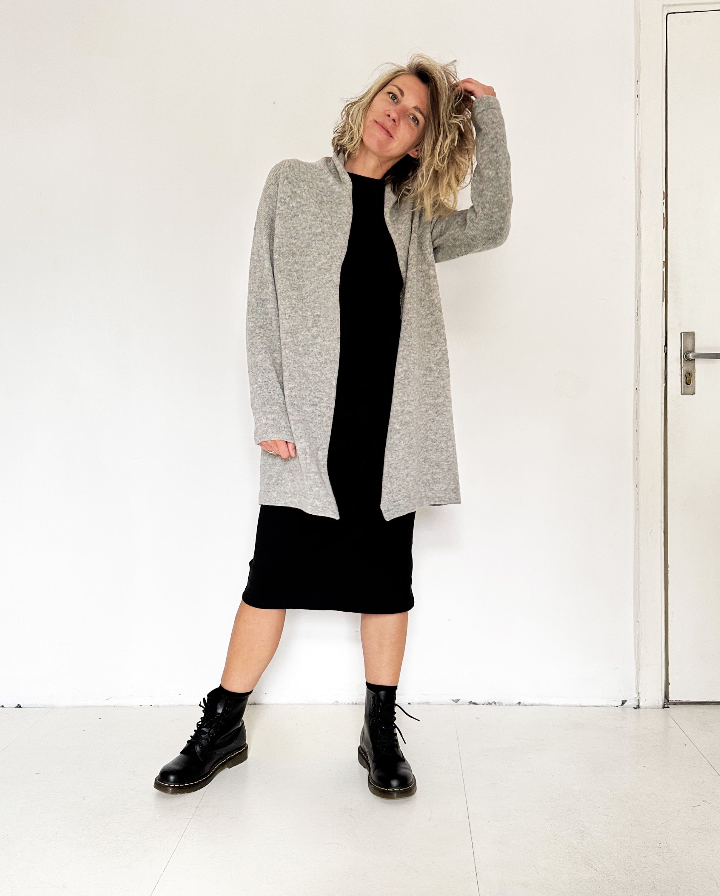 Long Wool Cardigan — Women’s Shawl Collar - side angle view