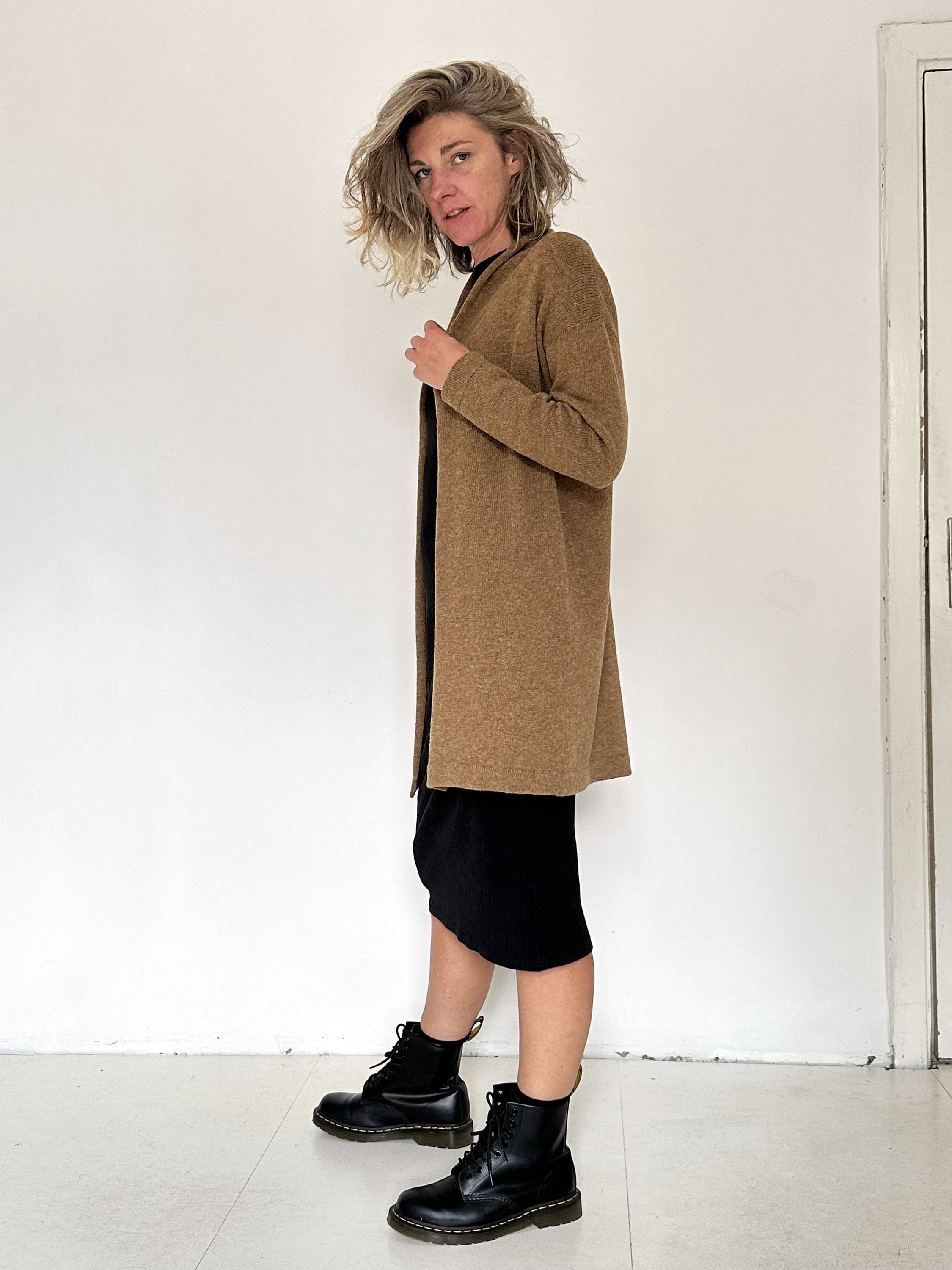 Long Wool Cardigan — Women’s Shawl Collar - back view detail