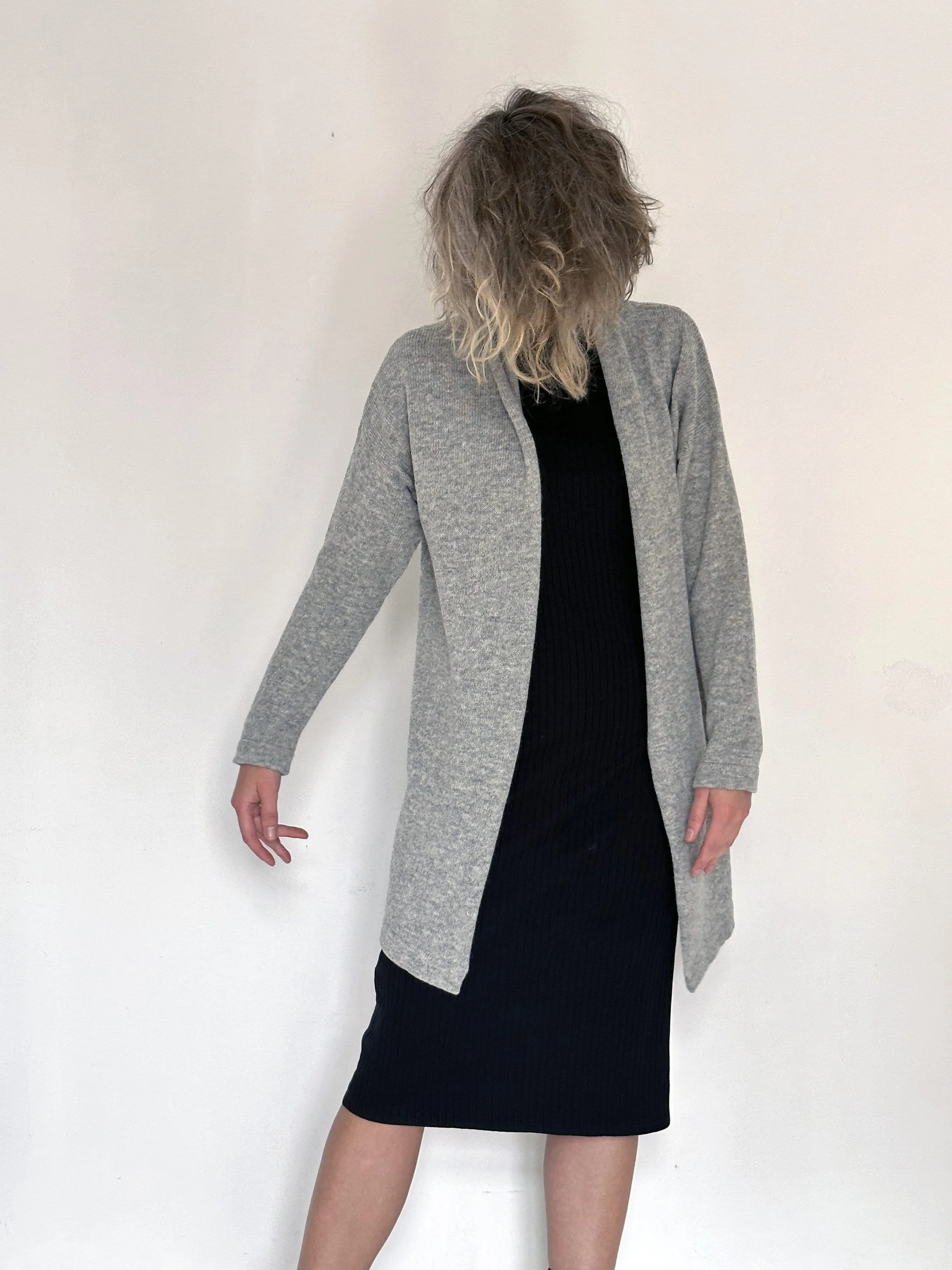 Long Wool Cardigan — Women’s Shawl Collar - back view detail