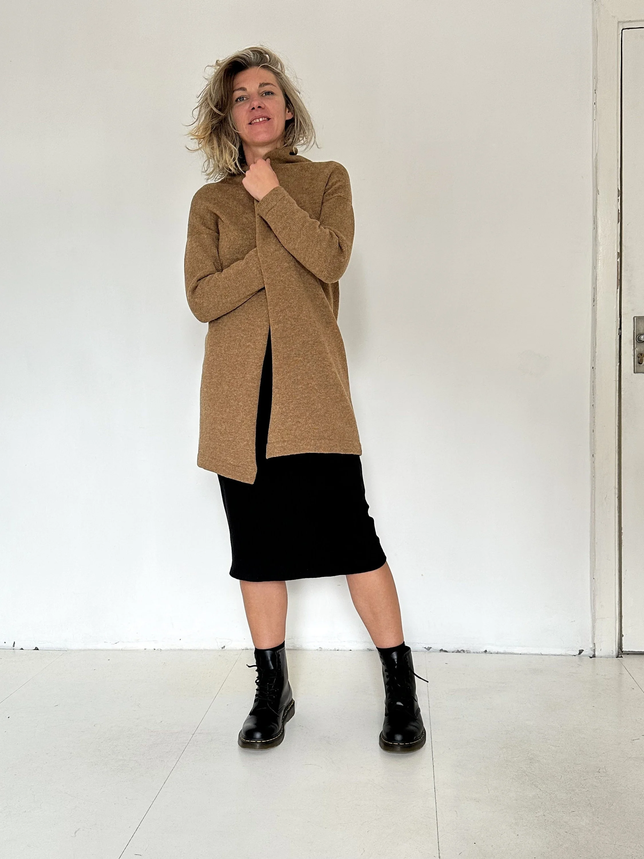 Long Wool Cardigan — Women’s Shawl Collar - lifestyle styling view