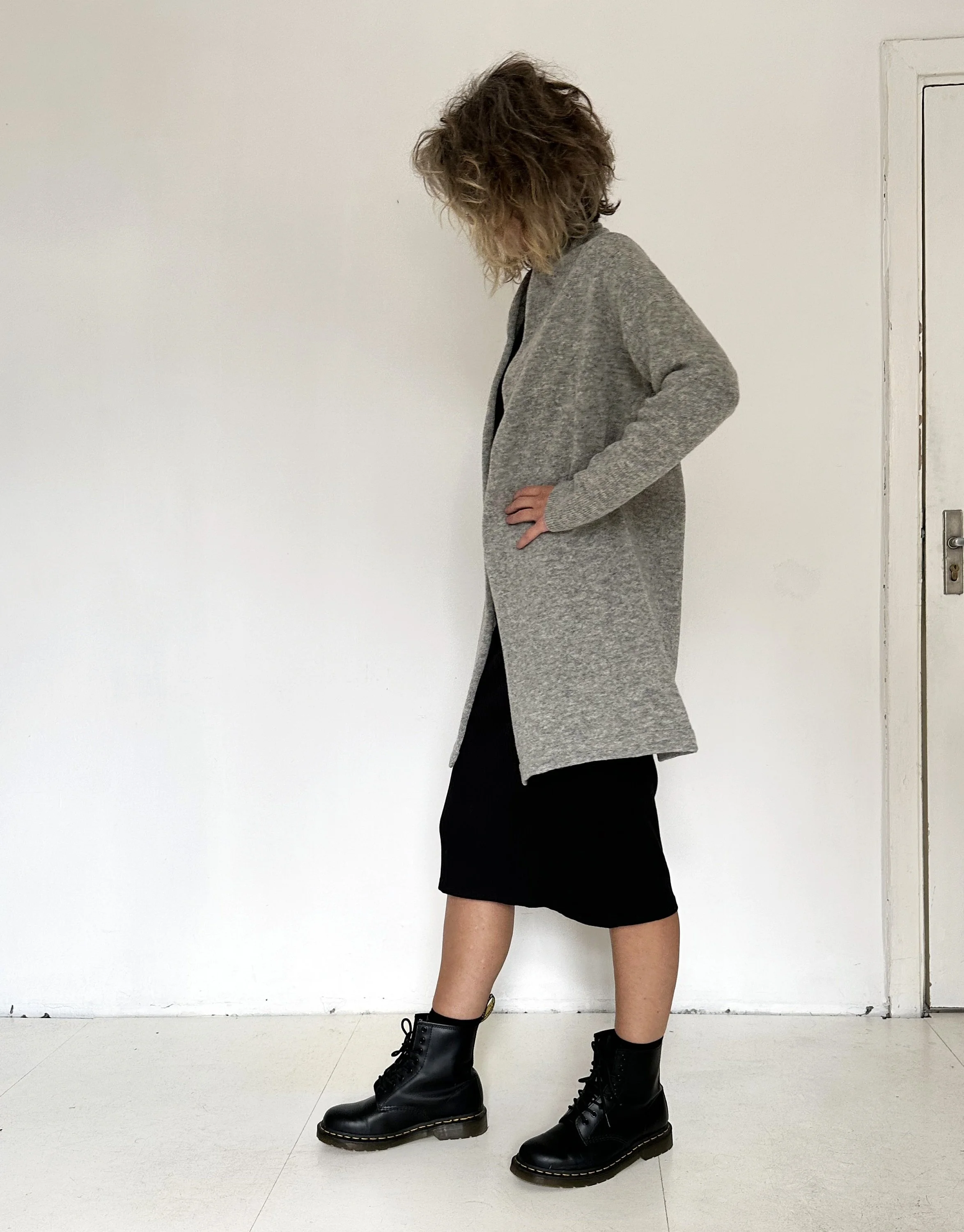 Long Wool Cardigan — Women’s Shawl Collar - lifestyle styling view