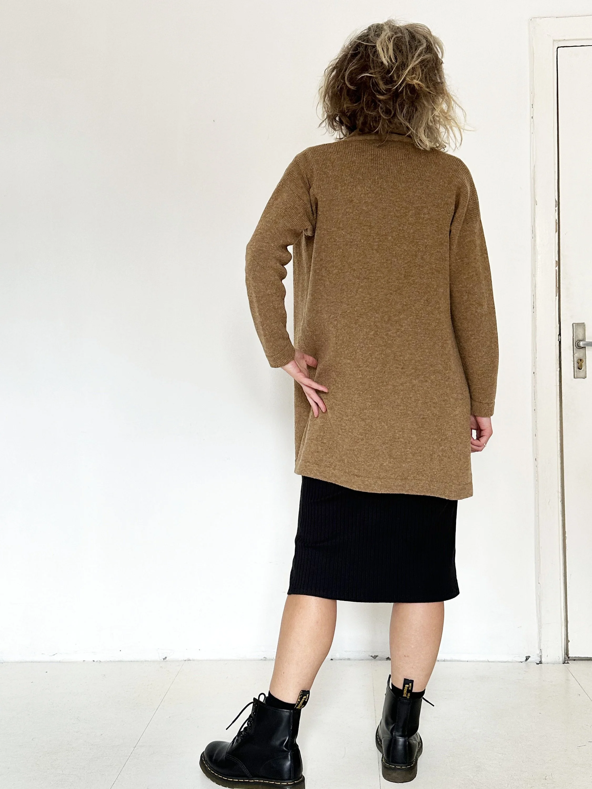 Long Wool Cardigan — Women’s Shawl Collar - texture and material detail
