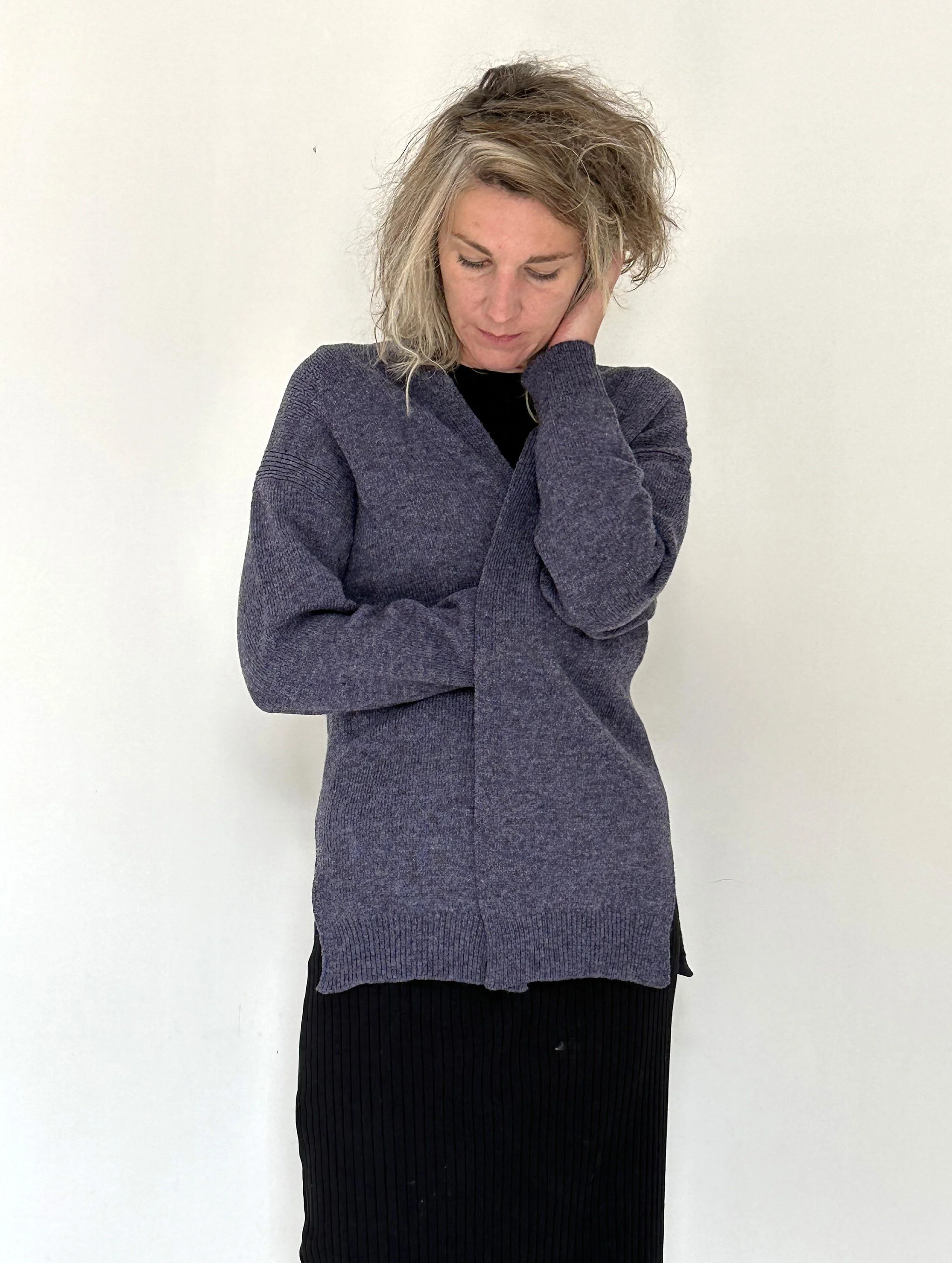 Open-Front Wool Cardigan — Women’s Side-Slit Knit - close-up detail view