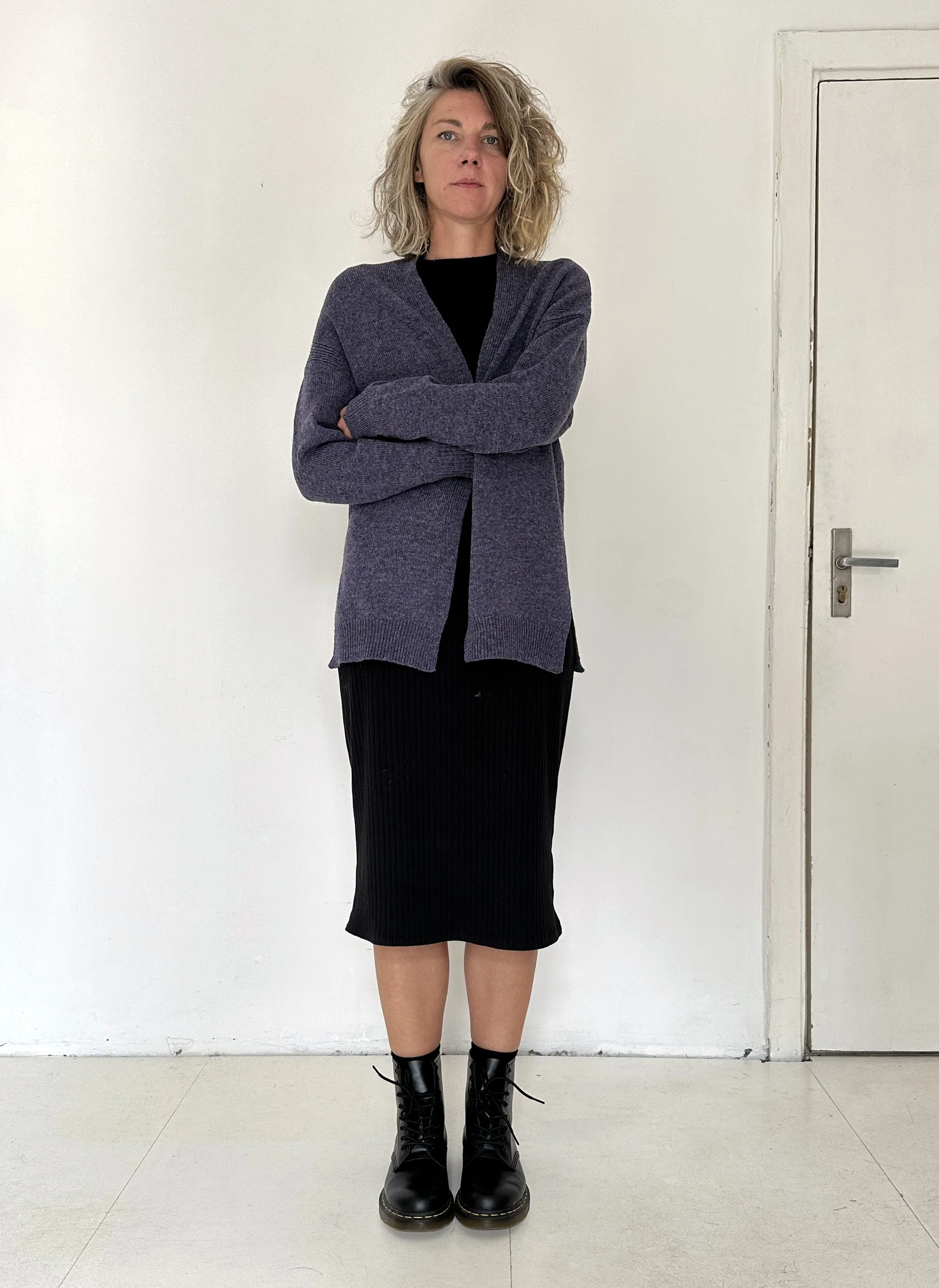 Open-Front Wool Cardigan — Women’s Side-Slit Knit - back view detail