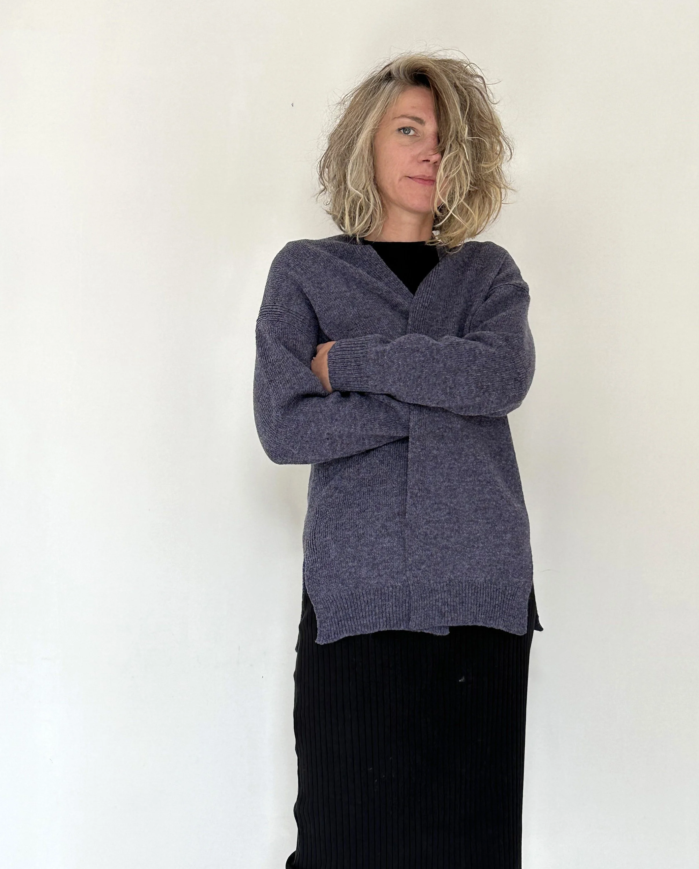 Open-Front Wool Cardigan — Women’s Side-Slit Knit - lifestyle styling view