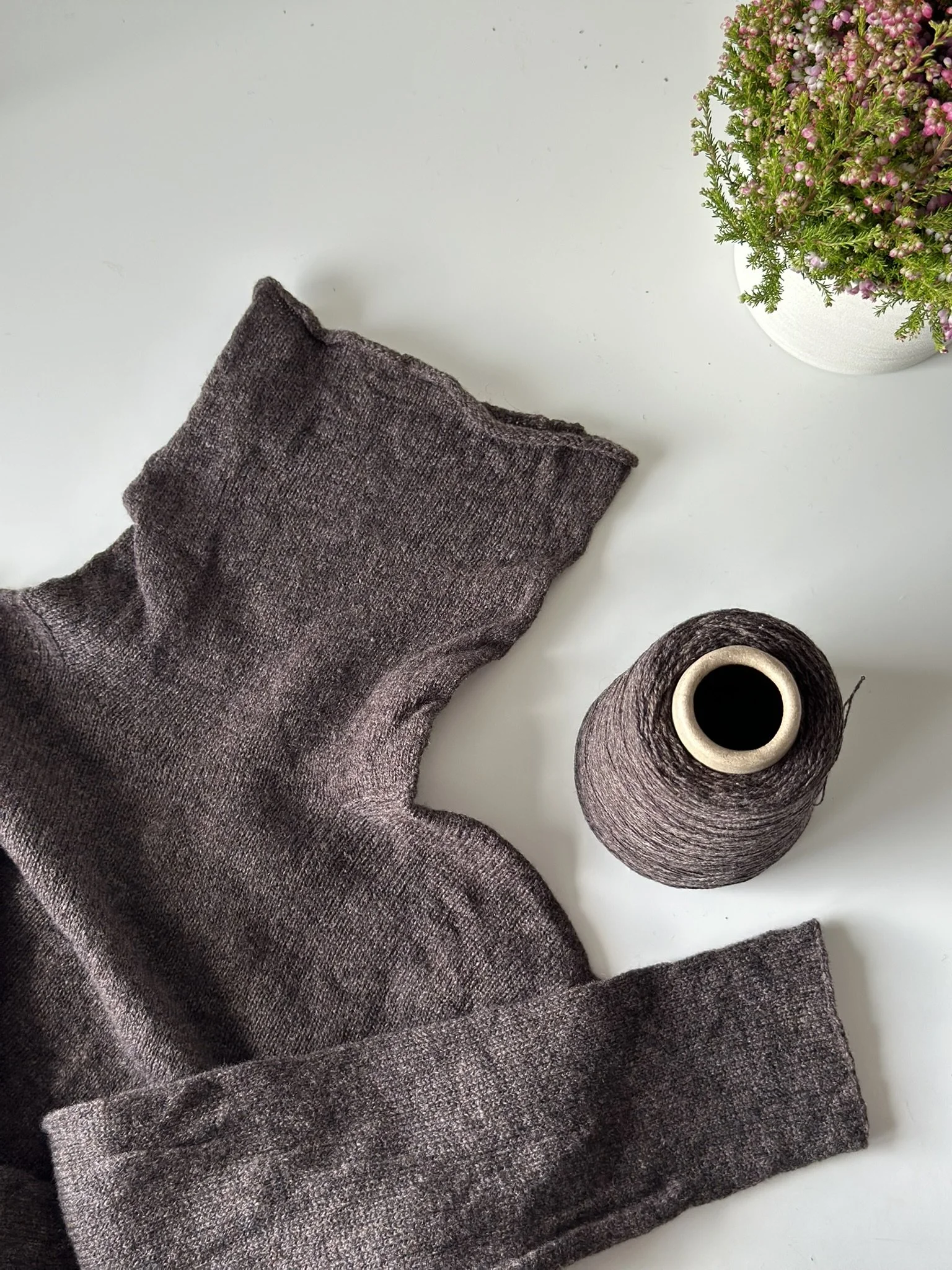 A brown knitted sweater, a spool of matching brown yarn, and a pot of purple flowers on a white surface.
