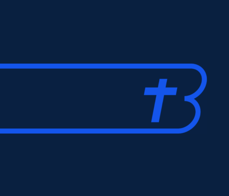 Logo avec un symbole de croix intégrée dans un cercle stylisé, en bleu sur fond bleu foncé.