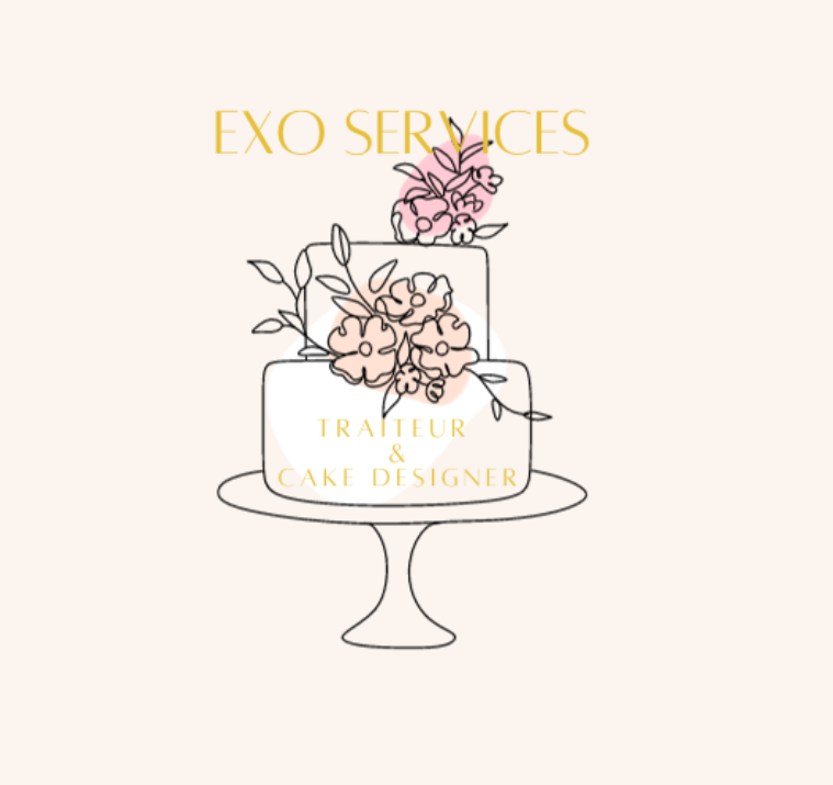 Illustration d'un gâteau décoratif avec des fleurs, avec le texte 'Exo Services, Traiteur & Cake Designer' en couleurs jaune