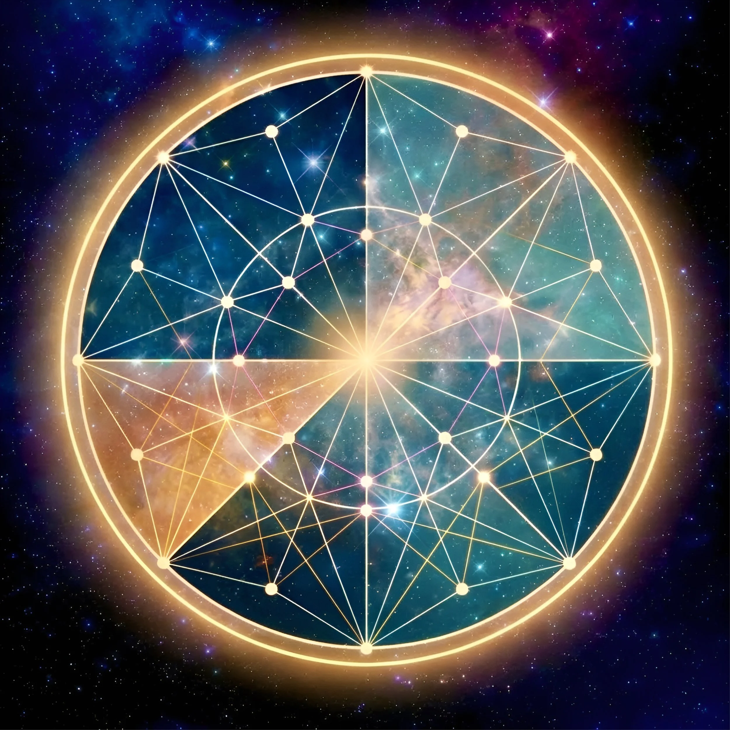Diagramme géométrique complexe avec des lignes et des points lumineux sur un fond d'espace avec des étoiles et des nuages de poussière cosmiques.