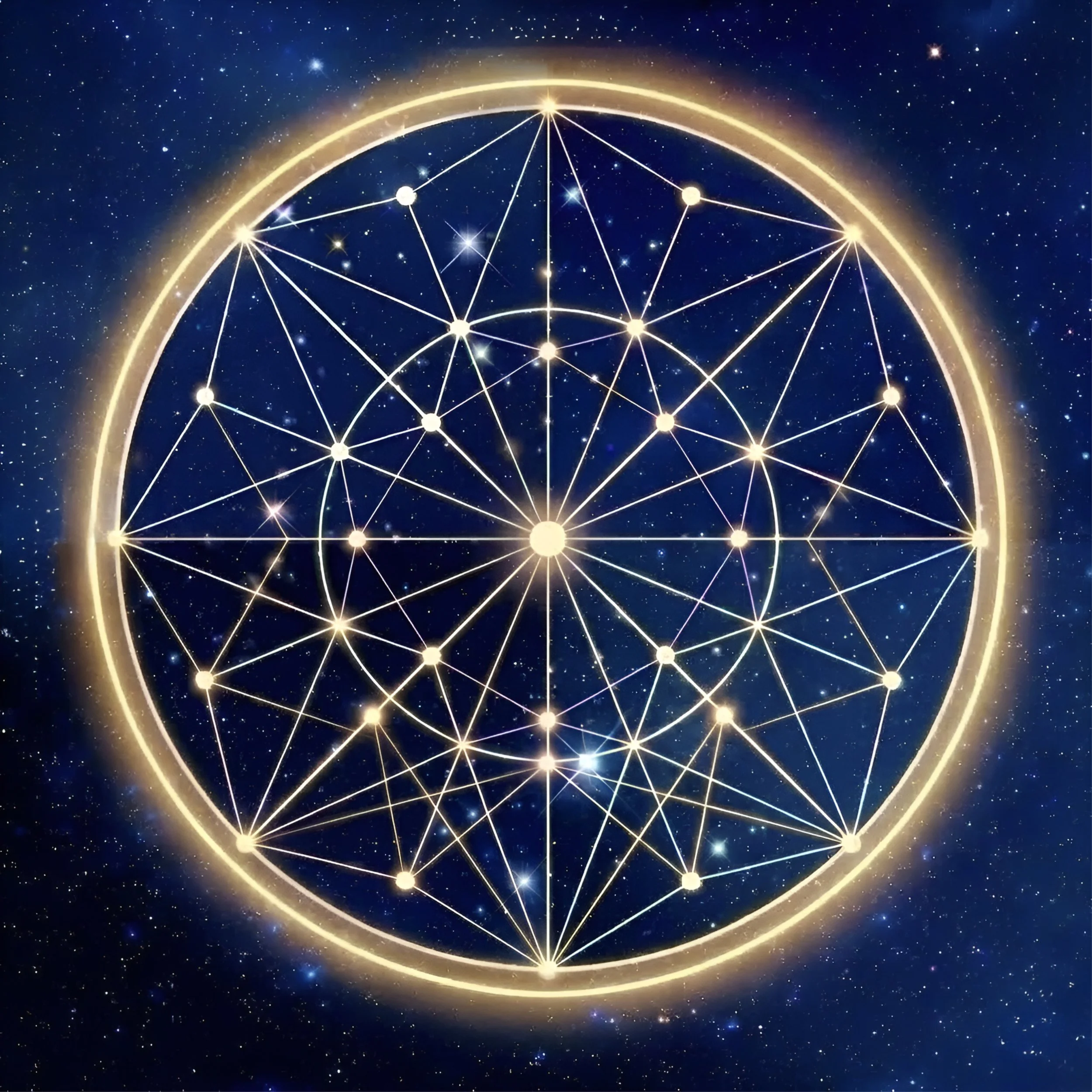 Un cercle lumineux contenant un réseau complexe de lignes et de points dorés, semblable à une étoile ou une constellation, avec un fond étoilé dans l'espace.