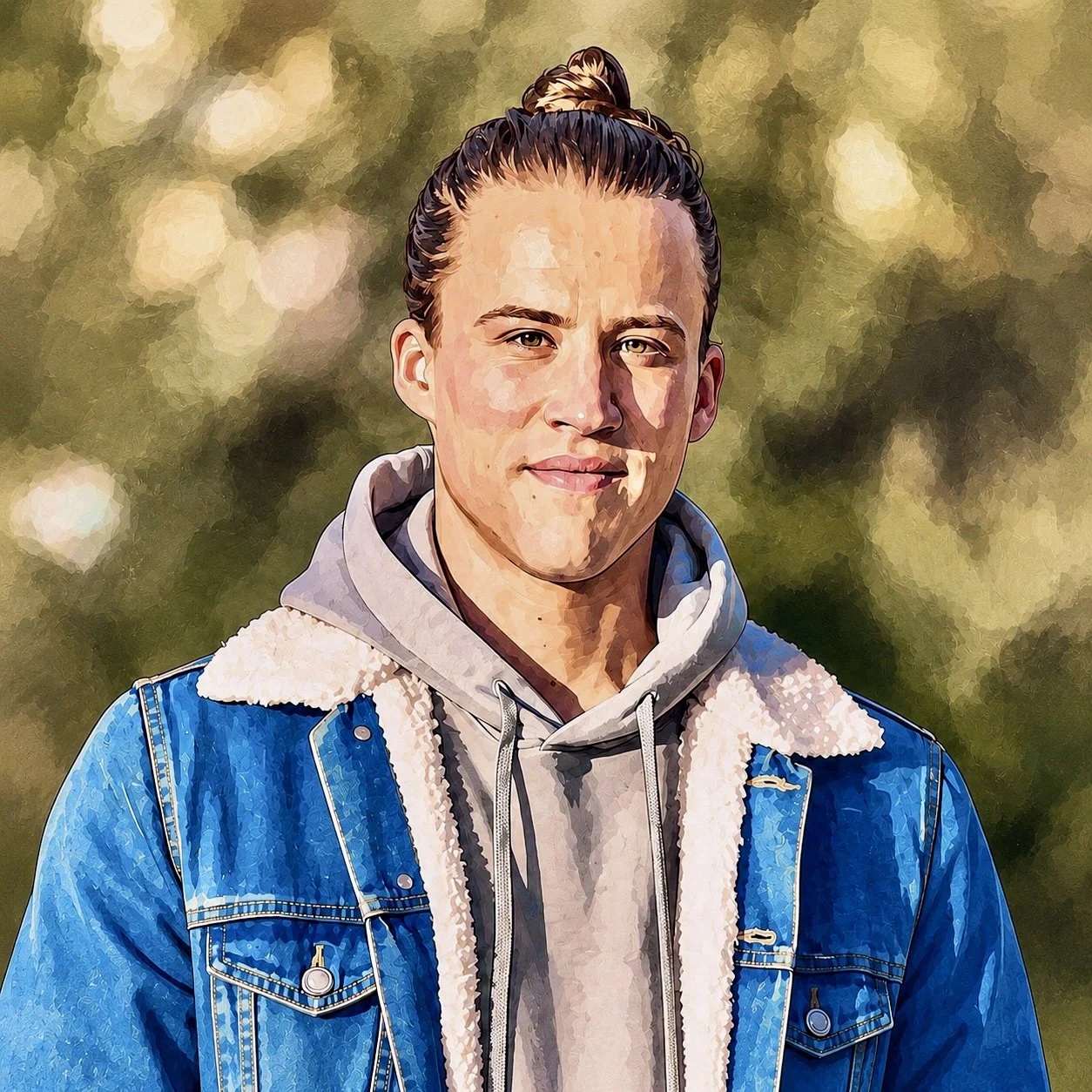 Un jeune homme portant une veste en jean bleue en fourrure blanche à l'intérieur, et un hoodie vert, se tenant debout dans la nature.