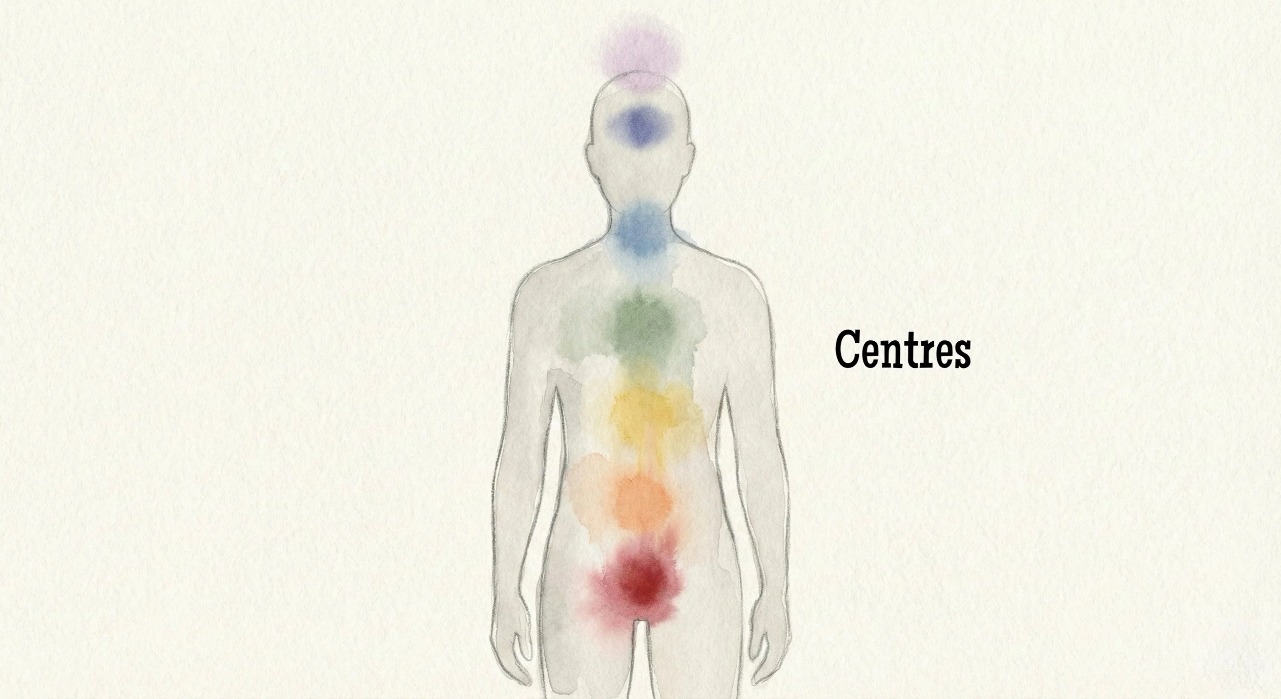Schéma avec un corps humain illustré en aquarelle, montrant différents centres d'énergie colorés alignés verticalement de la tête au bas-ventre, avec le mot "Centres" écrit à droite.