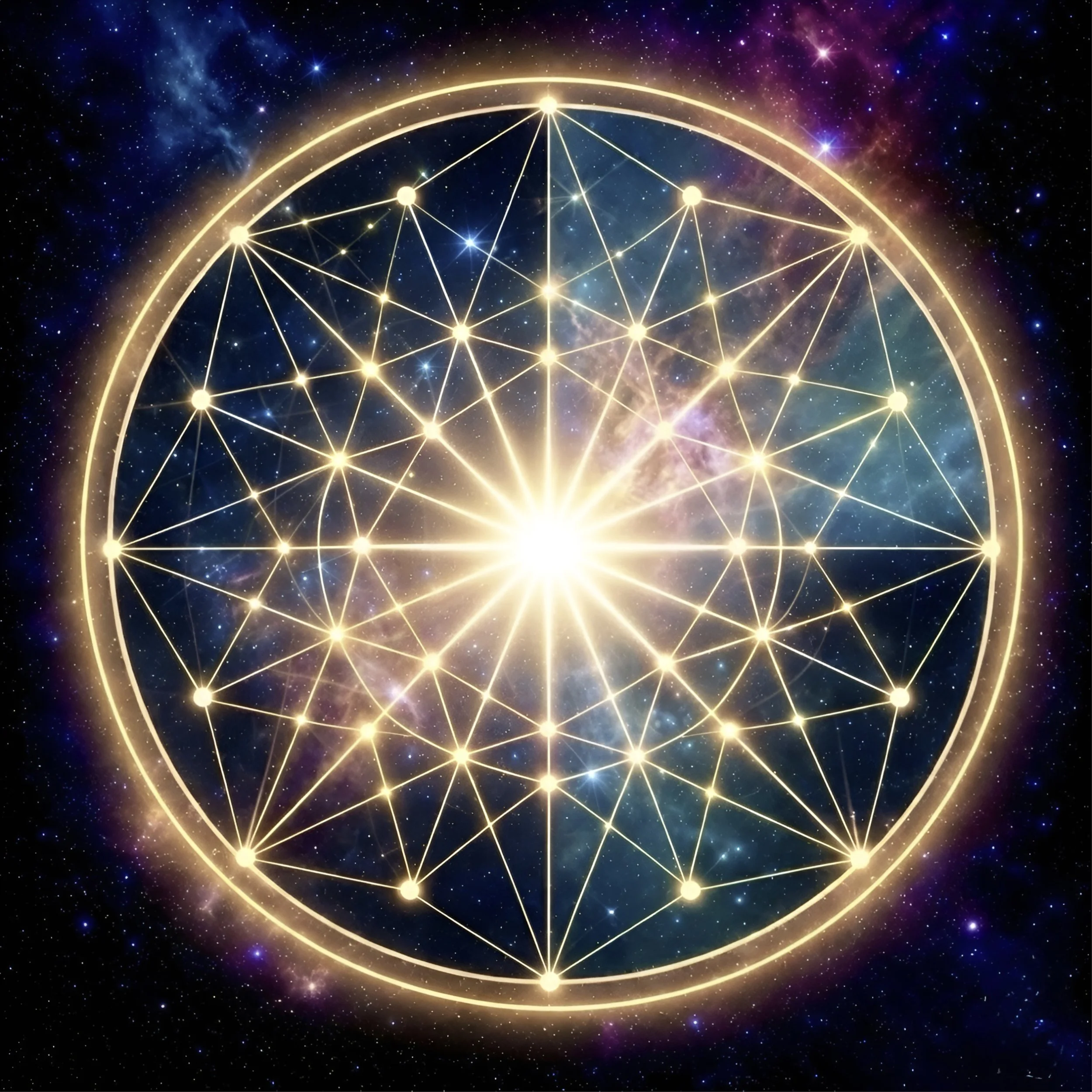 Un cercle lumineux contenant un réseau de lignes et de points lumineux dorés, formant un motif géométrique complexe dans l'espace cosmique avec des étoiles et des nébuleuses en arrière-plan.