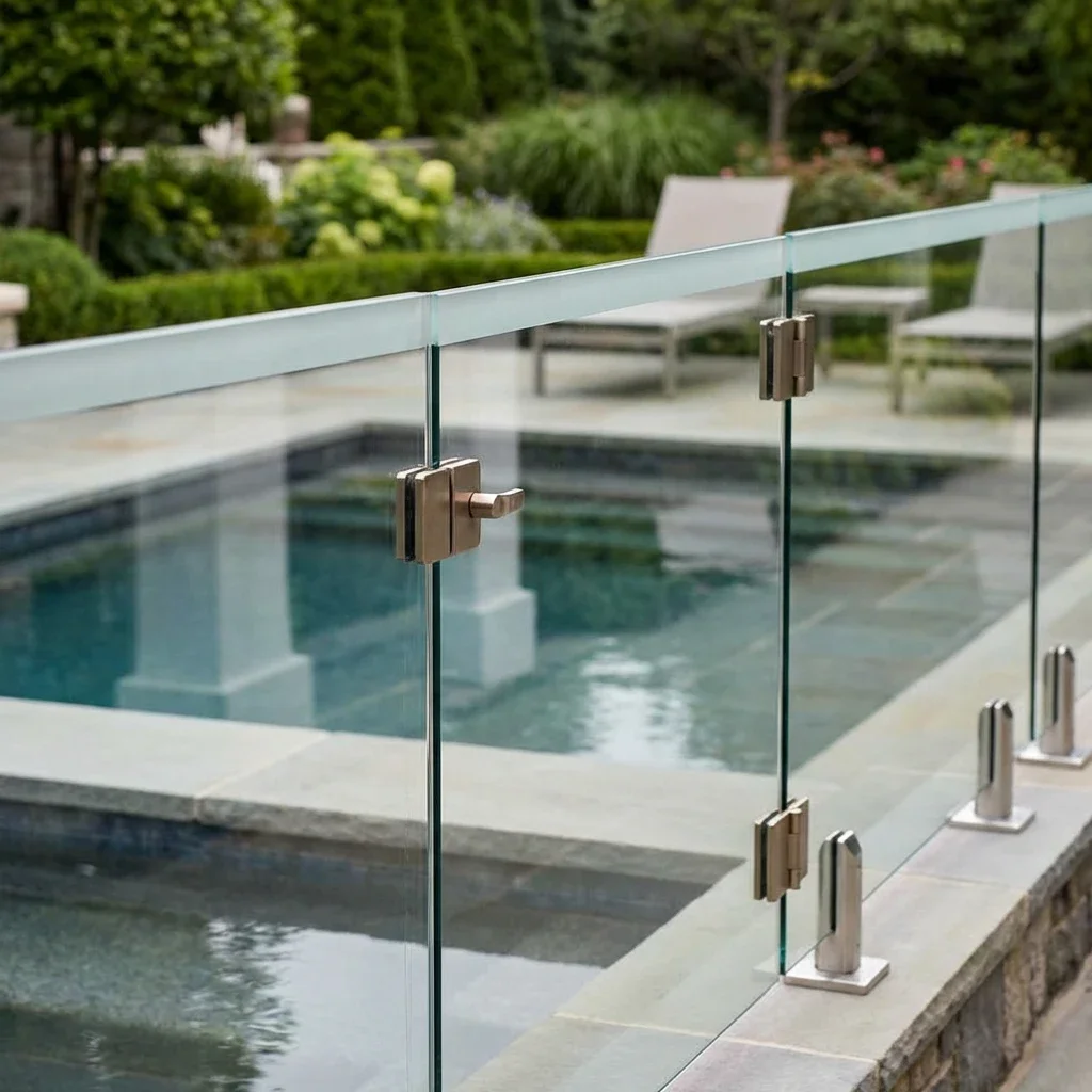 Barrière de sécurité en verre protégeant une piscine contemporaine.
