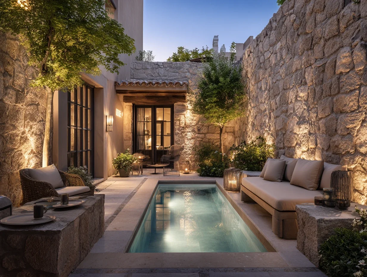 Petite piscine contemporaine intégrée dans une cour intérieure en pierre naturelle avec éclairage architectural.