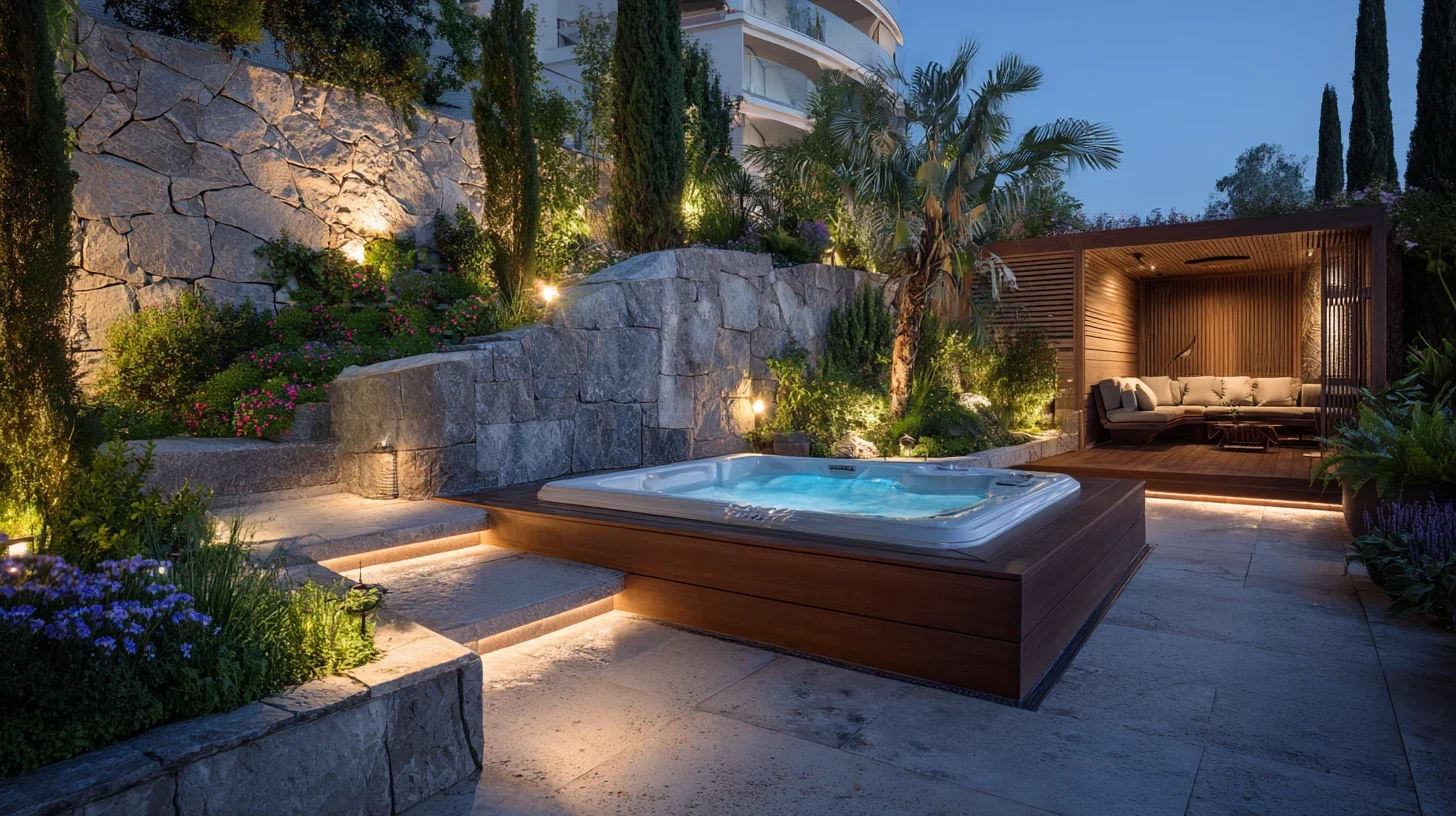 Spa extérieur haut de gamme avec jacuzzi intégré dans un jardin paysager, éclairage architectural et espace de détente.