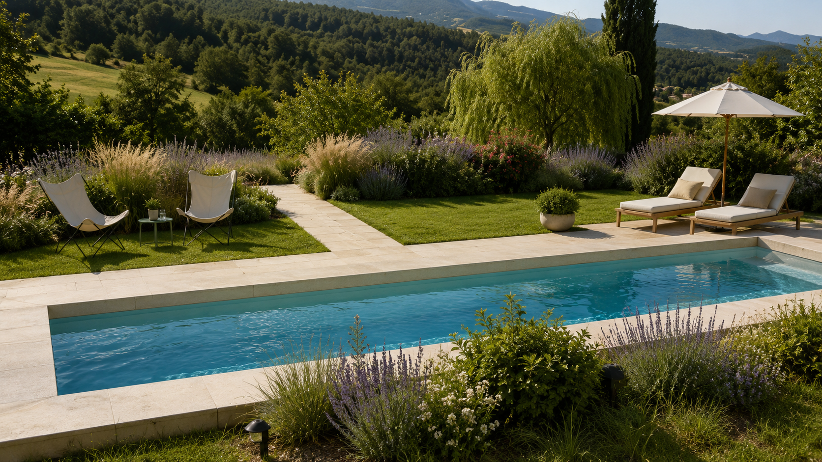 Jardin paysager et piscine avec vue panoramique