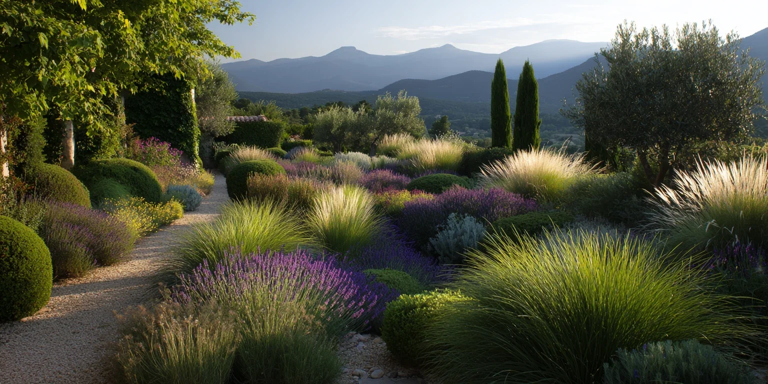 Massifs paysagers composés de graminées, lavandes, oliviers et arbustes méditerranéens dans un jardin contemporain avec vue sur les montagnes.