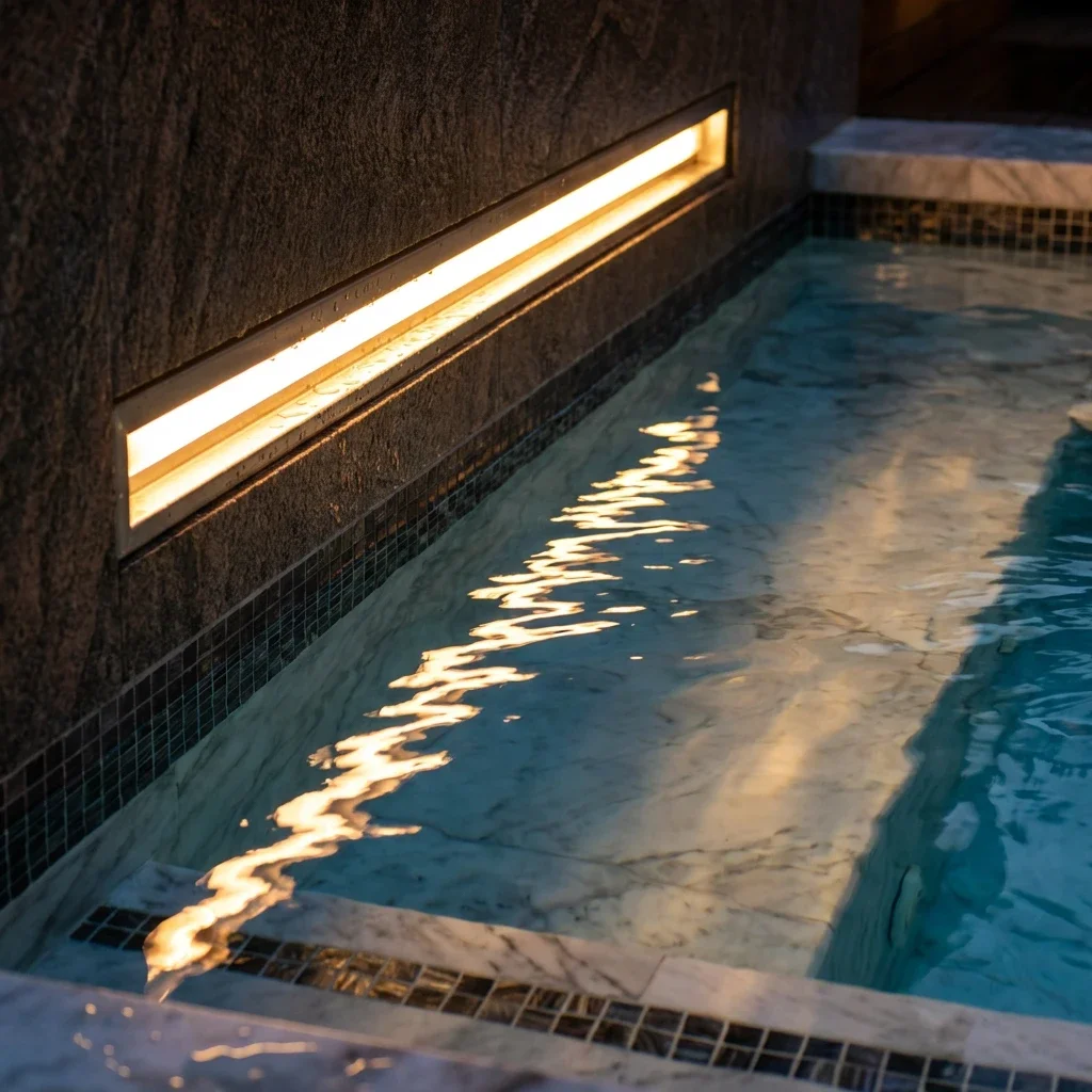 Éclairage LED encastré illuminant une piscine contemporaine.