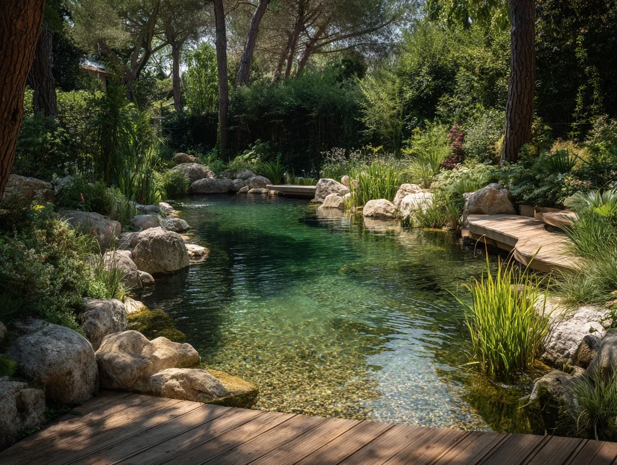 Bassin de baignade naturelle intégré dans un jardin paysager avec rochers, végétation aquatique et terrasse en bois.