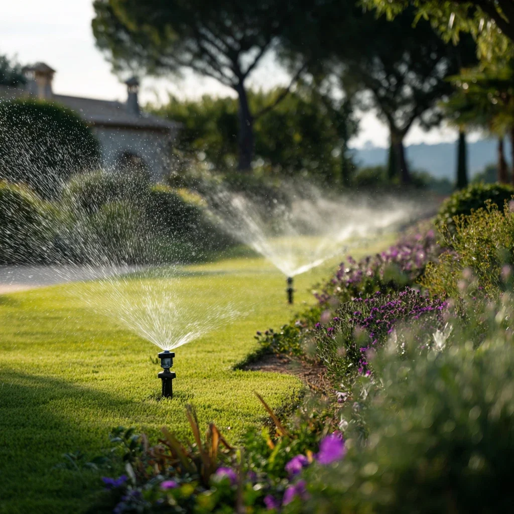 Installation d’un système d’arrosage automatique intégré pour l’irrigation d’un jardin paysager méditerranéen.