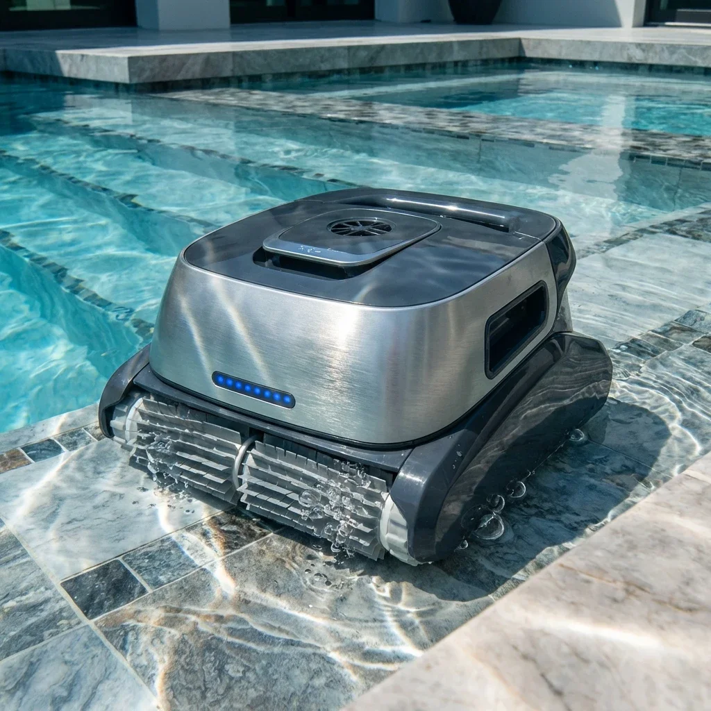 Robot nettoyeur autonome assurant l’entretien d’une piscine.