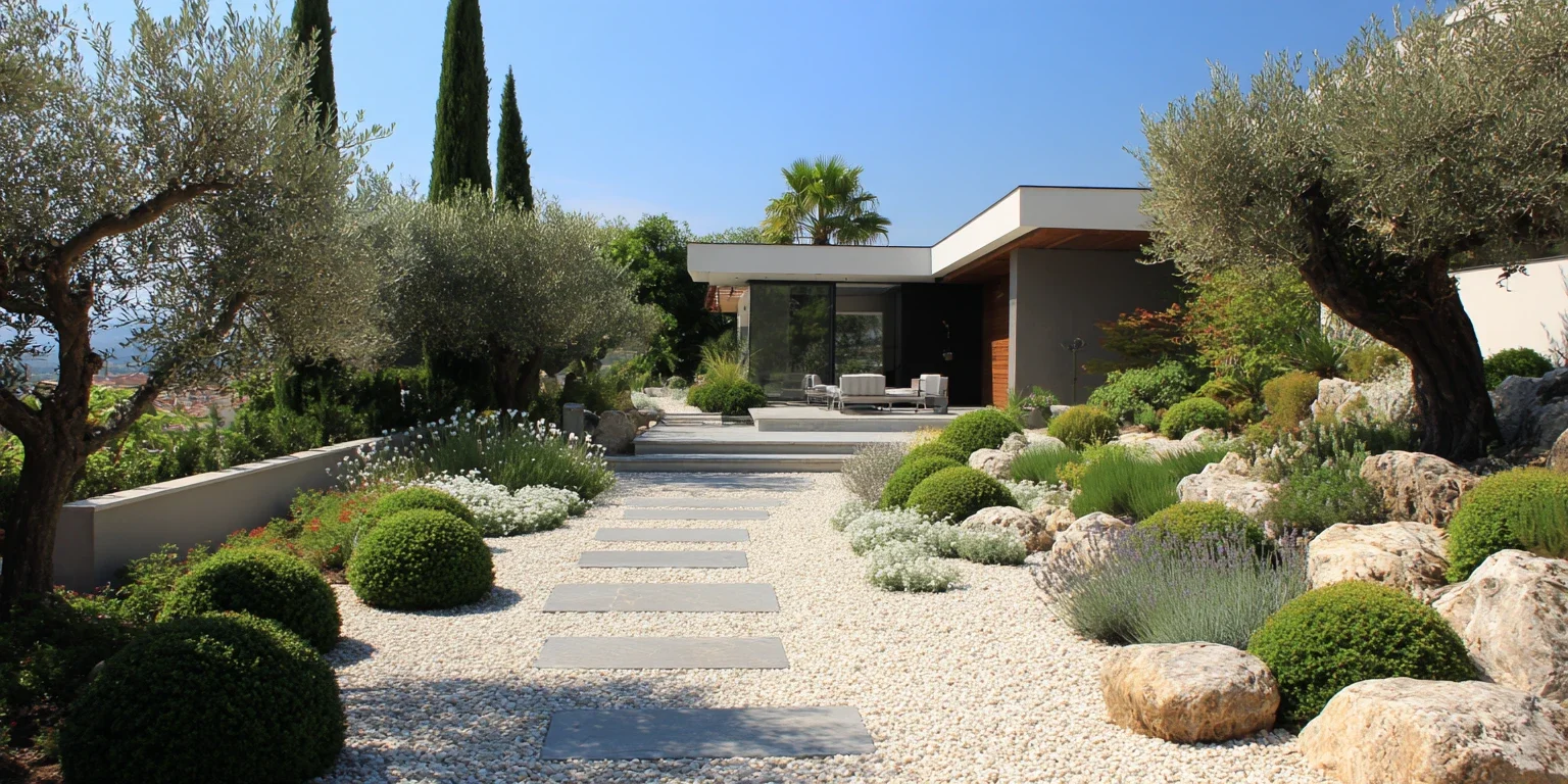Jardin sec méditerranéen aménagé autour d’une villa contemporaine avec oliviers, cyprès, rocailles, pas japonais et plantations adaptées au climat.